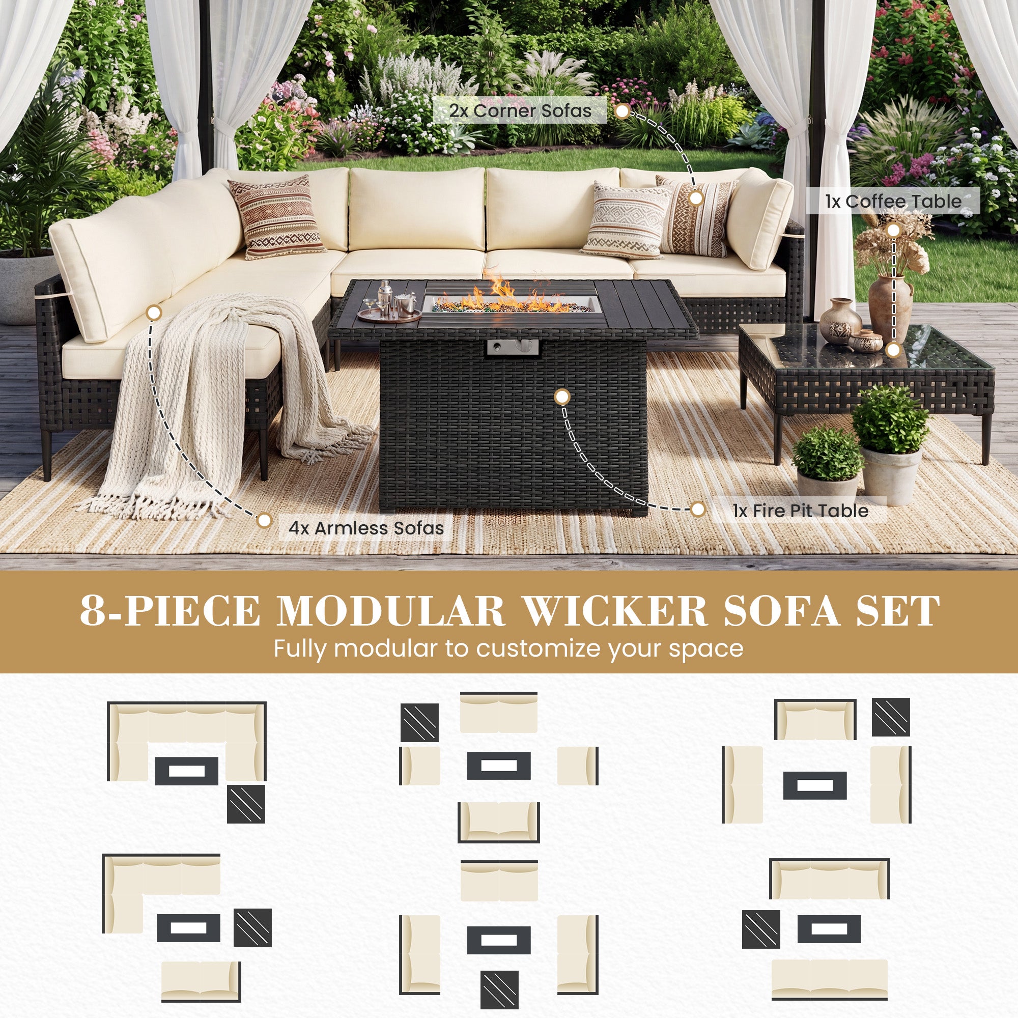 UDPATIO Wicker Patio Furniture Set with Sectional Sofas, All-Weather Cushions and Fire Pit Table, Bohemian Style and High-Leg Design for Garden, Deck, Poolside (Black/8 Piece)