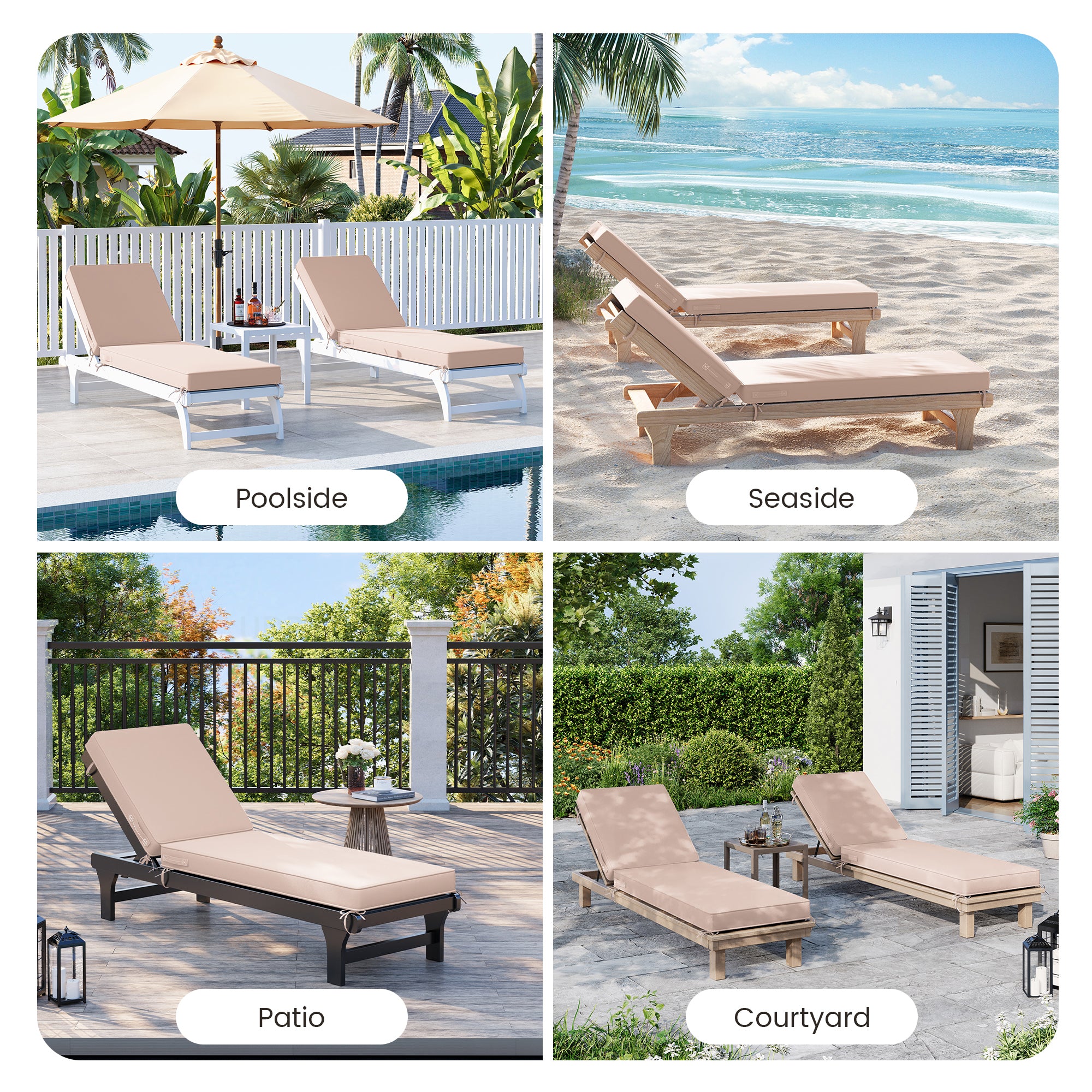 Outdoor Chaise Lounge Cushion Set of 4 , Oversized Thick 4-Inch Foam Cover, Fade-Proof Chair Replacement for Patio, Poolside, Deck Outdoor Furniture - Removable Accessories (Beige, 72"x21"x4")