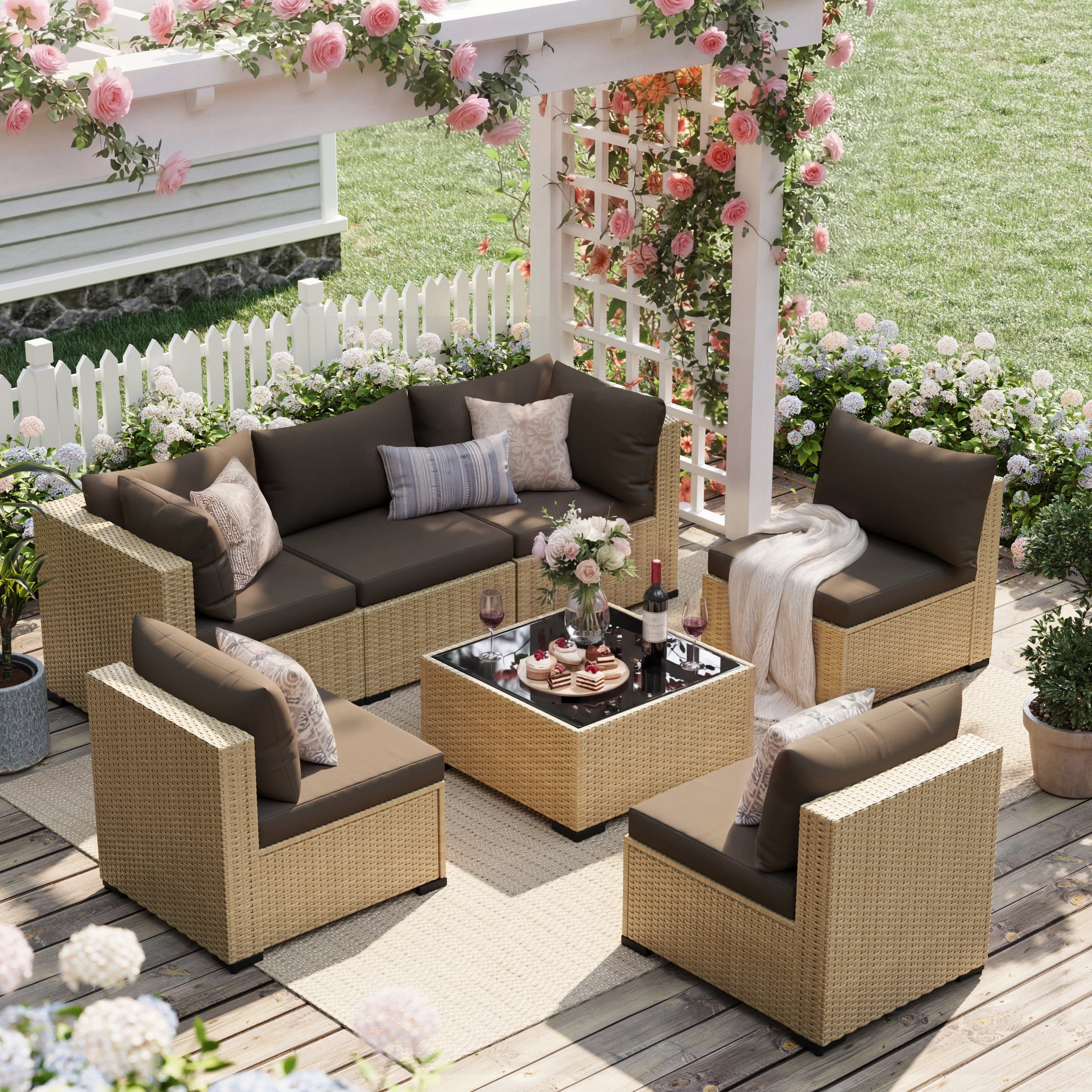 UDPATIO 7-Piece Wicker Modular Sectional Outdoor Conversation Sets with Glass Coffee Table, Yellow&Brown