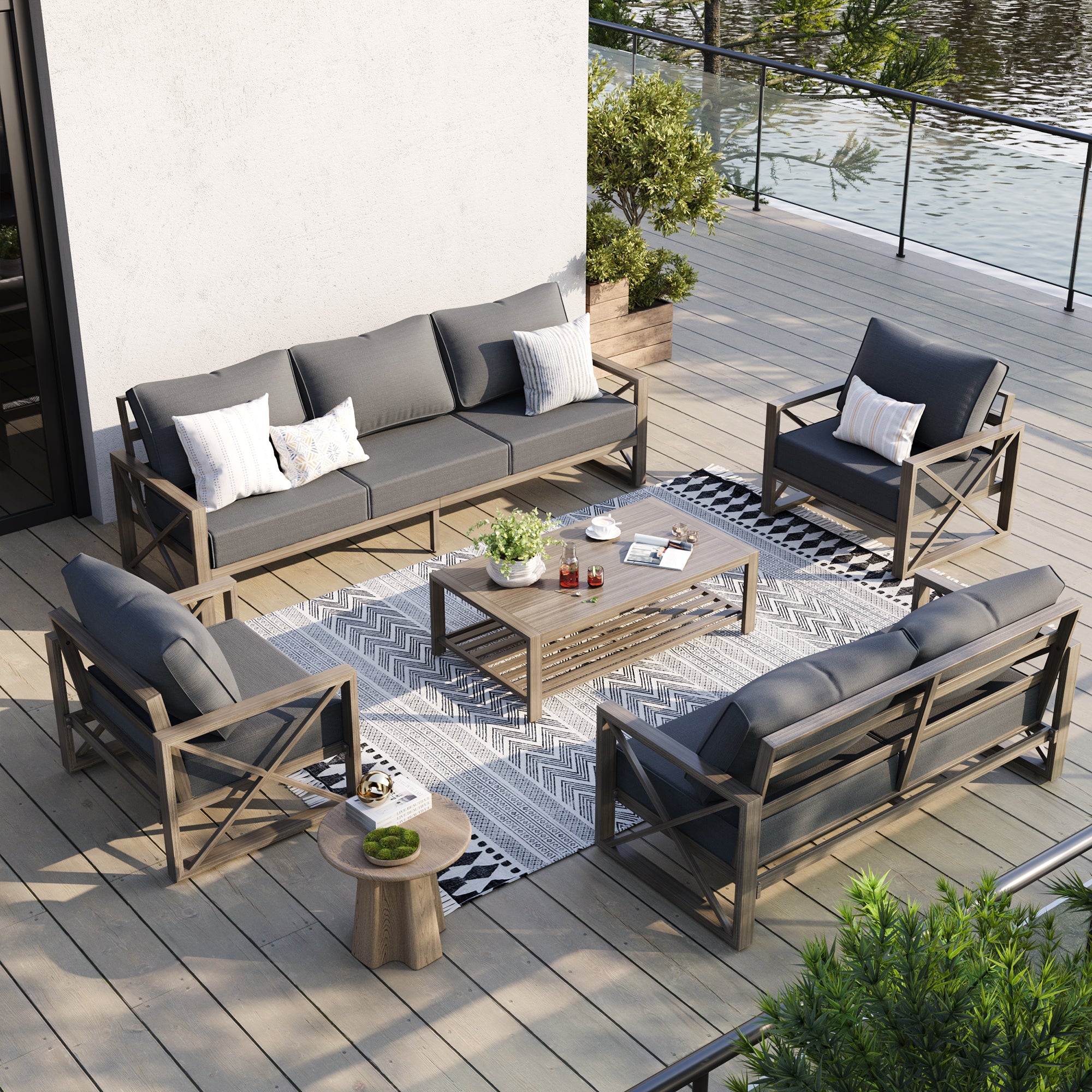UDPATIO 5 Pieces Aluminum Patio Furniture Set Modern Outdoor Furniture Faux Wood Grain Patio Conversation Sets with Coffee Table for Balcony, Backyard, Include 600D Waterproof Cover
