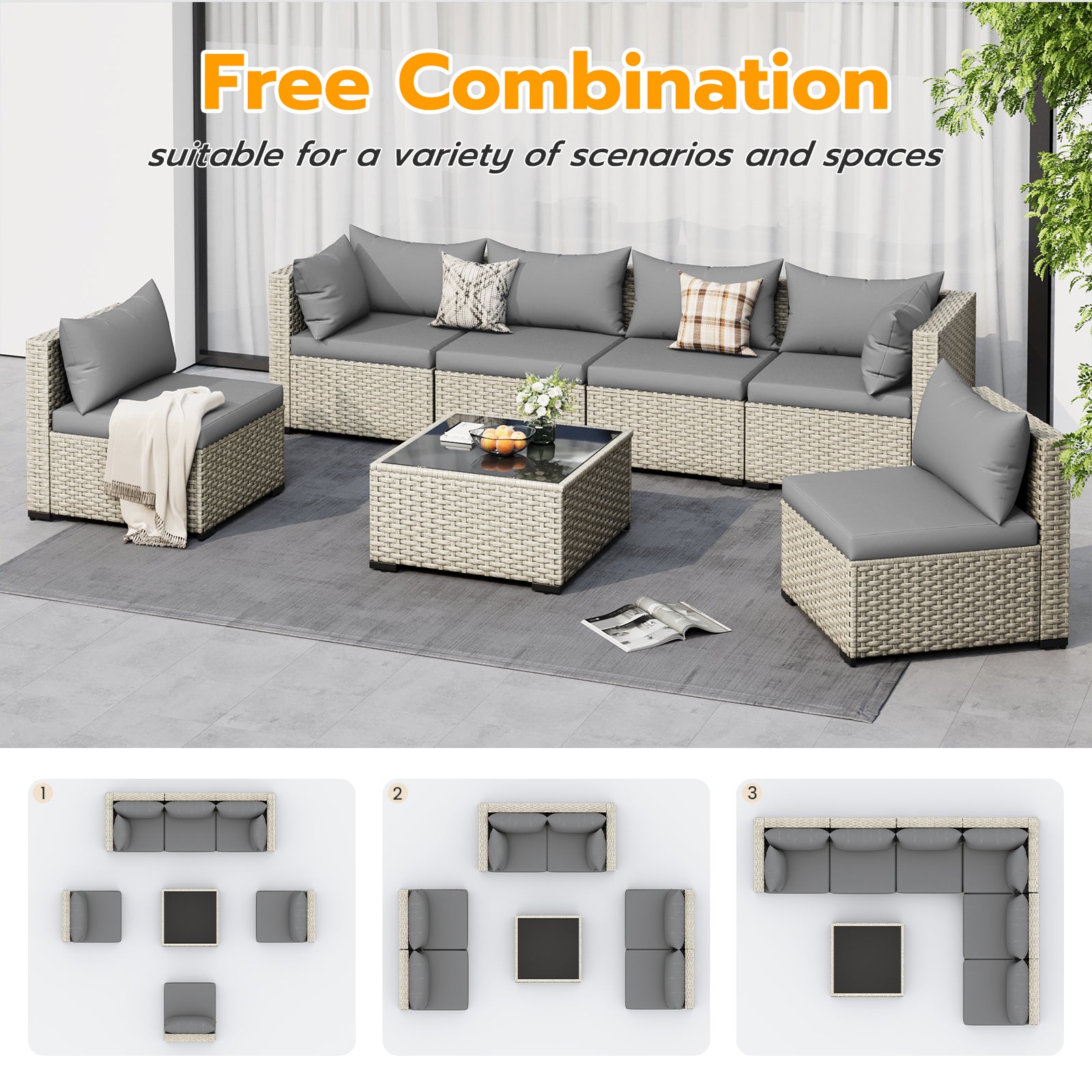 UDPATIO Outdoor Patio Furniture Set, 7-Piece PE Wicker Sectional Sofa with Tea Table, Outdoor Conversation Set for Patio, Garden, Backyard Grey