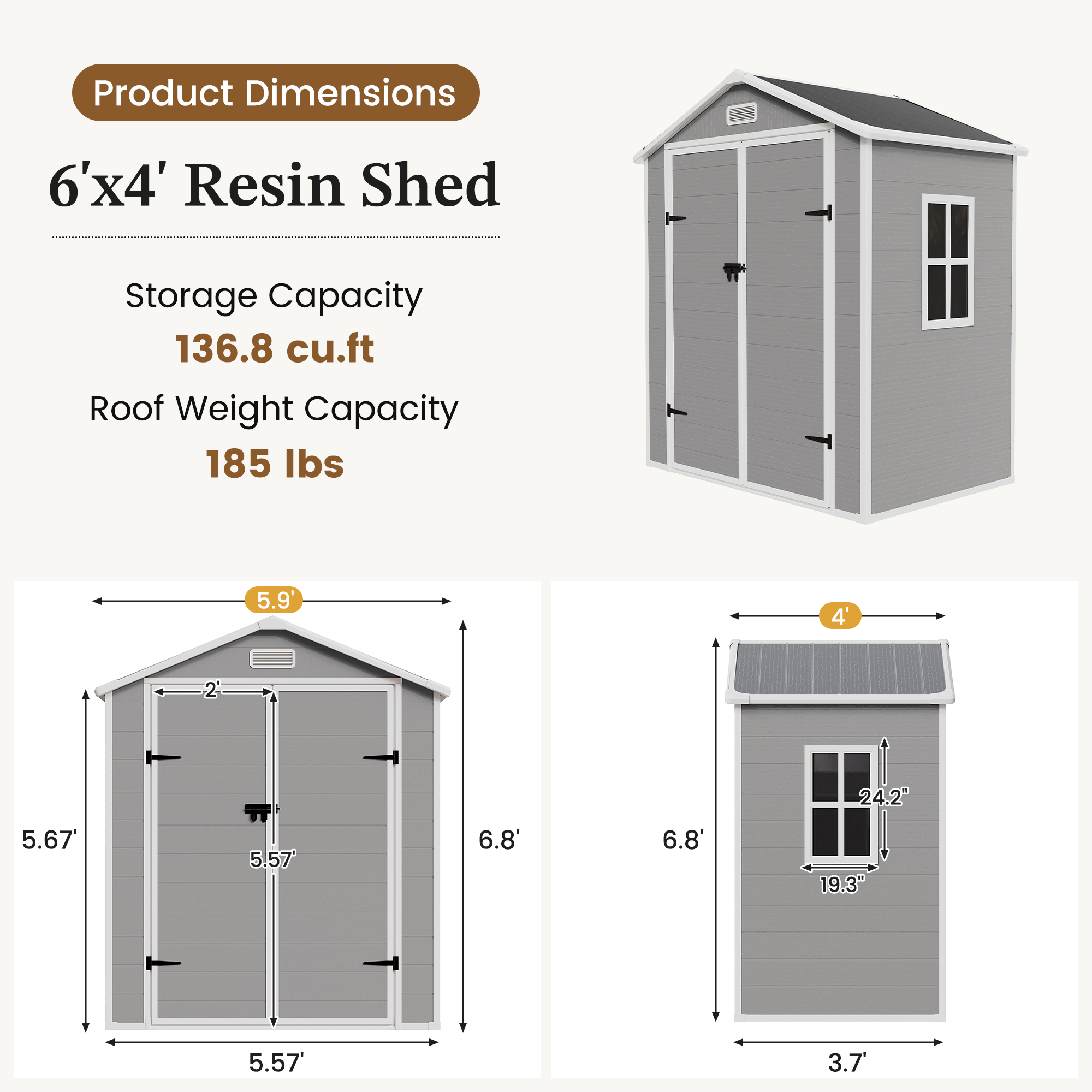 UDPATIO Outdoor Storage Shed 6x4 FT, Garden Resin Shed for Bike, Garbage Can, Tools, Outside Plastic Sheds with Floor for Backyard, Patio, Lawn, Grey & White