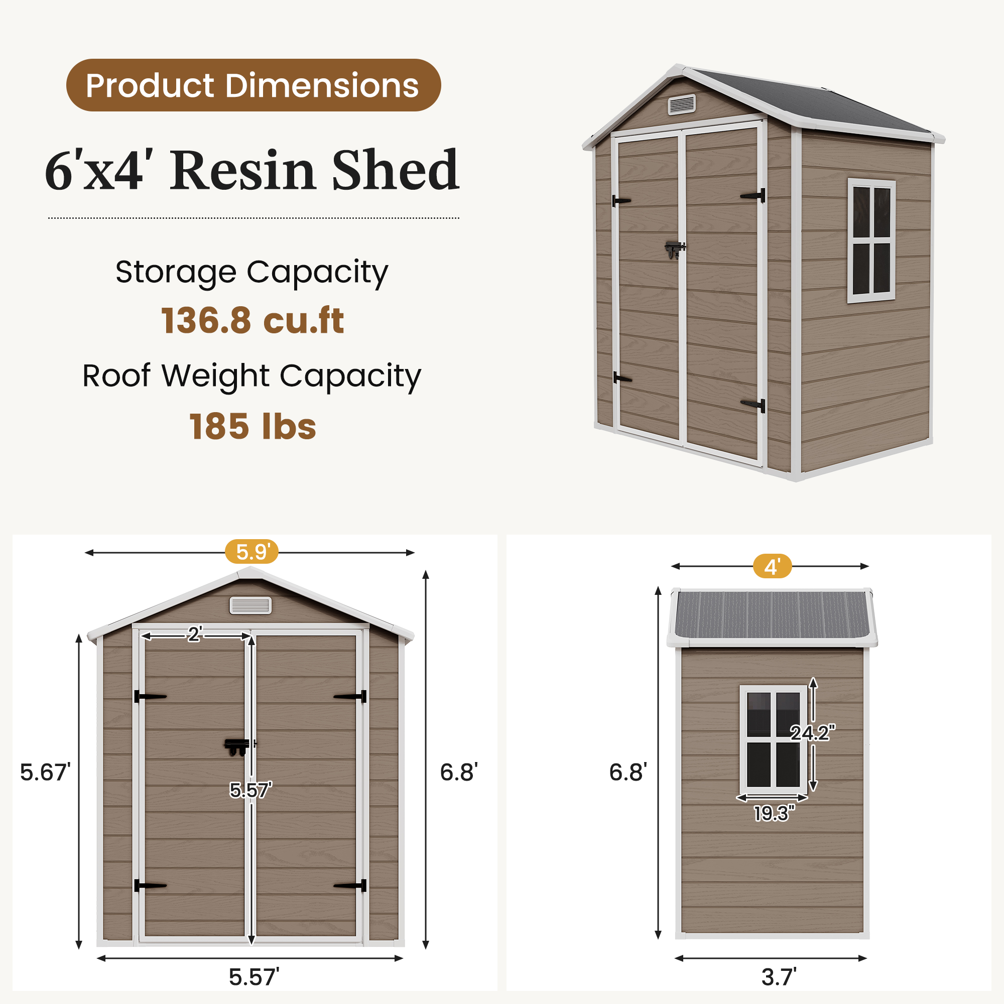 UDPATIO Outdoor Storage Shed 6x4 FT, Garden Resin Shed for Bike, Garbage Can, Tools, Outside Plastic Sheds with Floor for Backyard, Patio, Lawn, Brown