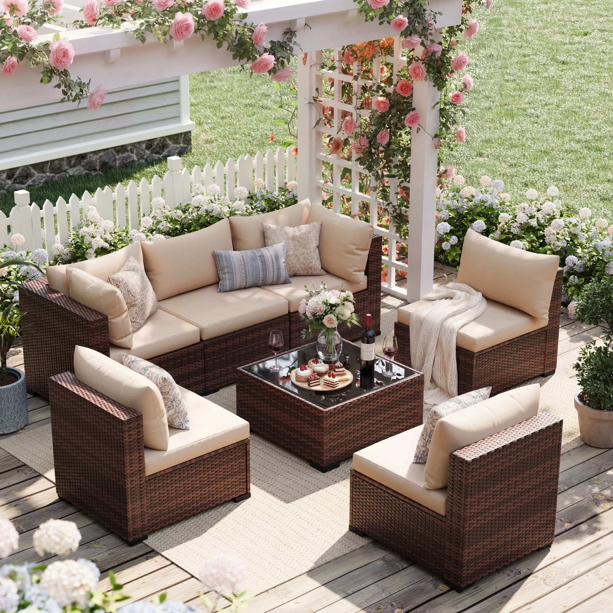 UDPATIO 7-Piece Rattan Outdoor Conversation Sets with Coffee Table and Sofa, Khaki