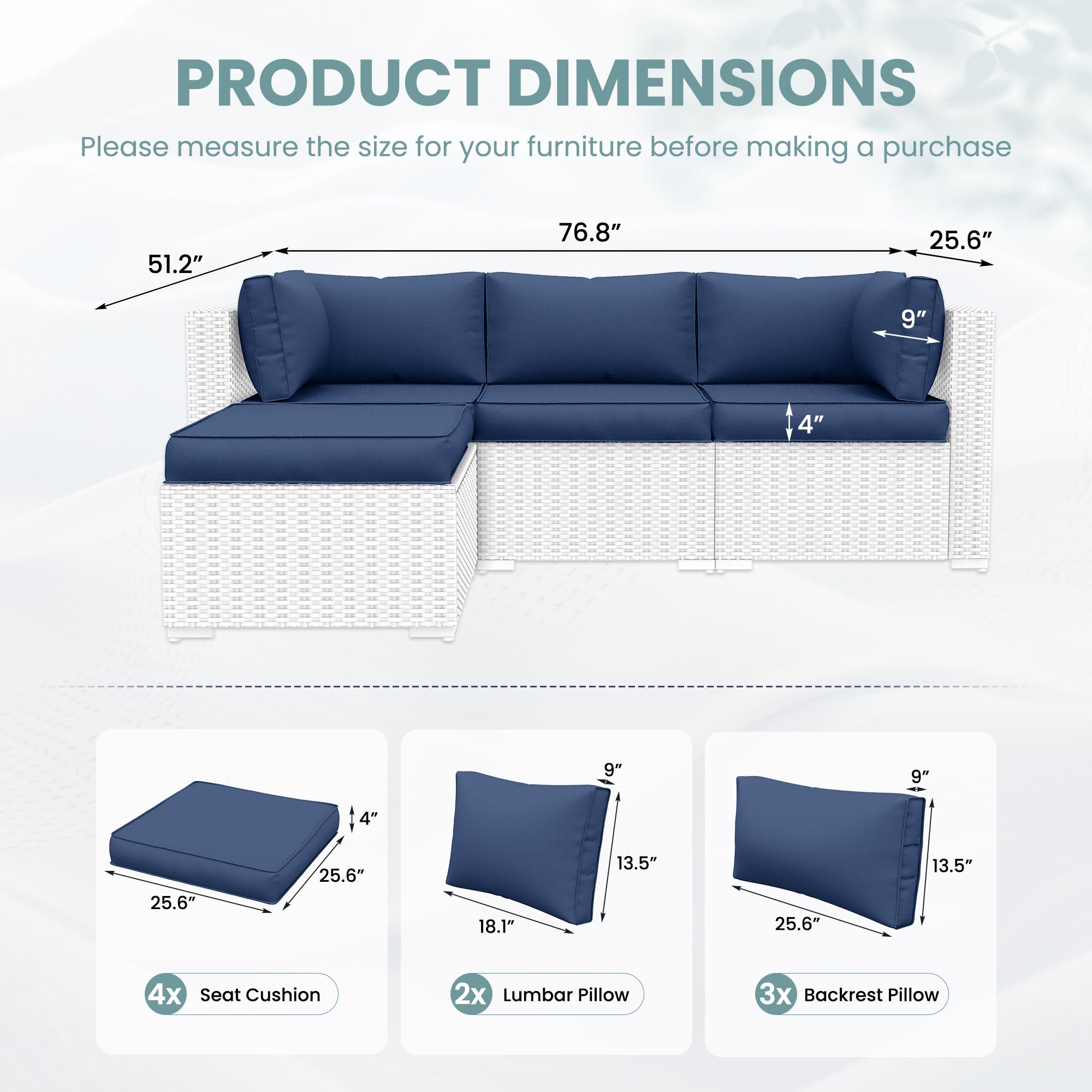 UDPATIO Outdoor Cushions for Patio Furniture with 5 Pillows, Waterproof Patio Furniture Cushions Replacement, 4" Deep Seat Outdoor Sectional Cushion for 4-seat Chair Sofa Couch, Navy