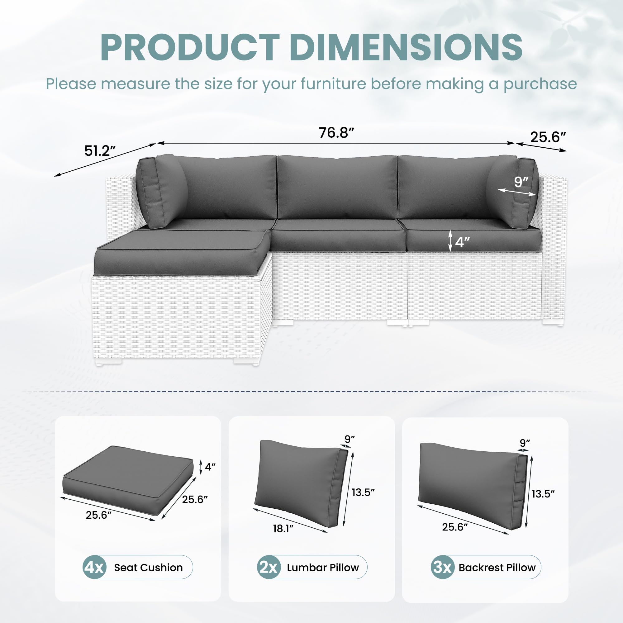 UDPATIO Outdoor Cushions for Patio Furniture Upgraded, Waterproof Patio Furniture Cushions Replacement, 4" Deep Seat Outdoor Sectional Cushion for 4-seat Chair Sofa Couch, Grey