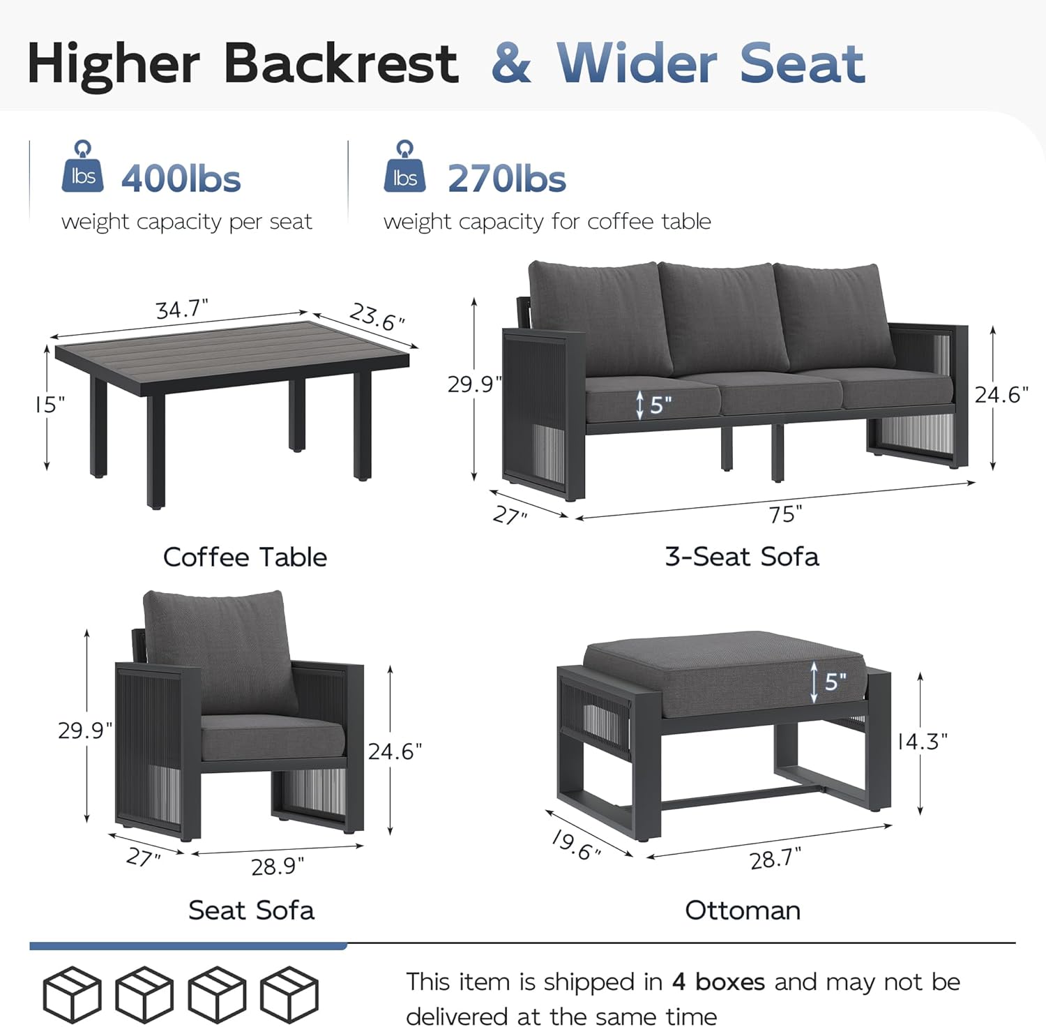 UDPATIO Aluminum Outdoor Patio Furniture Set with Coffee Table and Ottoman, 6 Piece Modern Patio Furniture Set, PE Rope Patio Conversation Sets with Thickend Cushions, for Porch, Balcony, Dark Grey