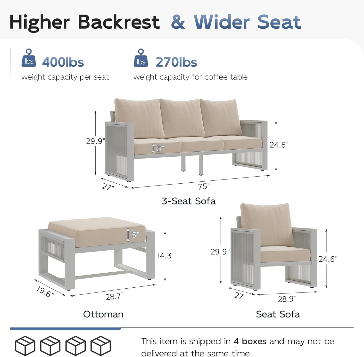 UDPATIO Aluminum Outdoor Patio Furniture Set with Ottoman, 5 Piece Modern Patio Furniture Set, PE Rope Patio Conversation Sets with Thickend Cushions, for Garden, Porch, Balcony, Light Grey/Beige