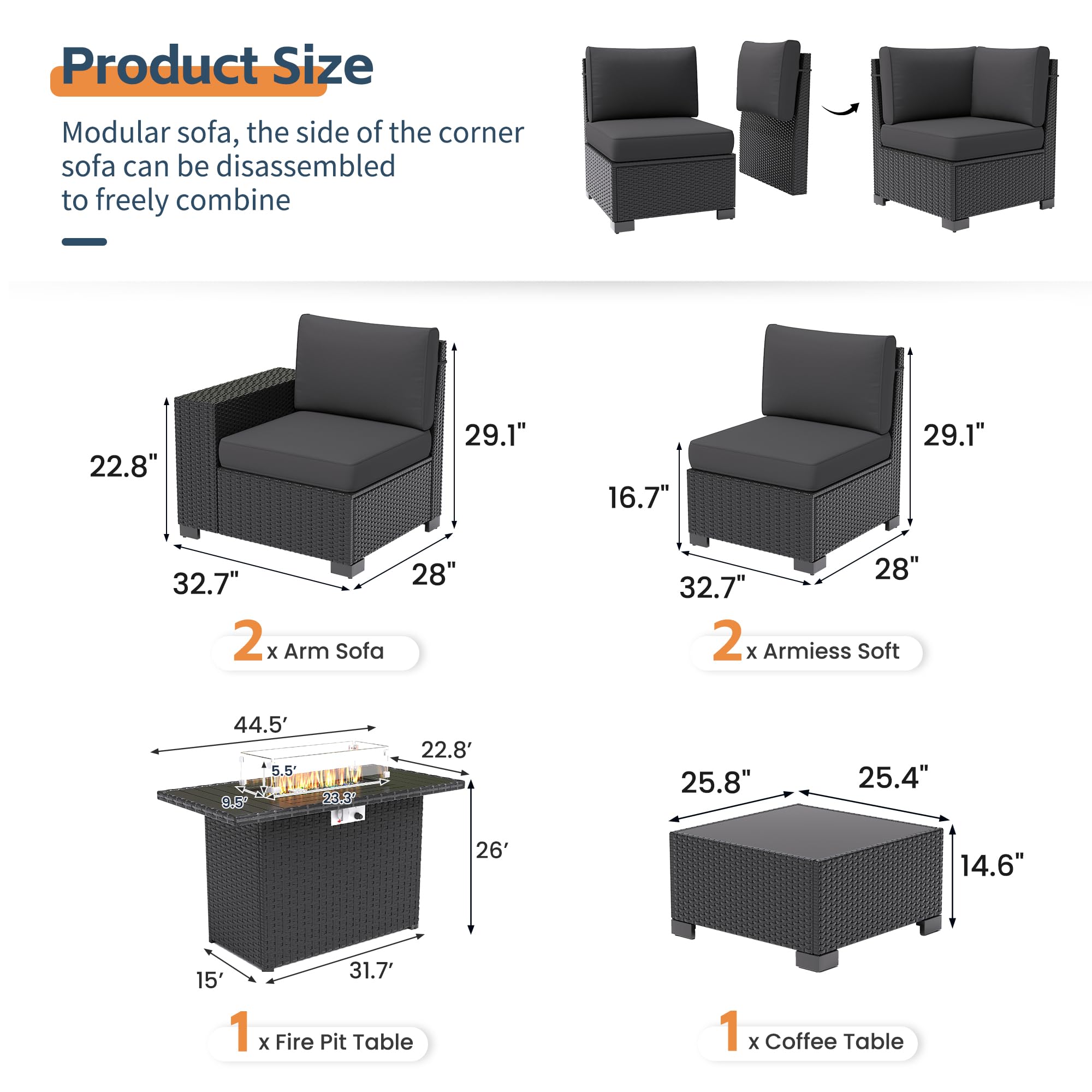 UDPATIO 6 Piece Patio Furniture Set, Outdoor Wicker Sectional Sofa with 8'' Wide Armrests, Modular Patio Conversation Set with Coffee Table for Backyard, Deck, Garden