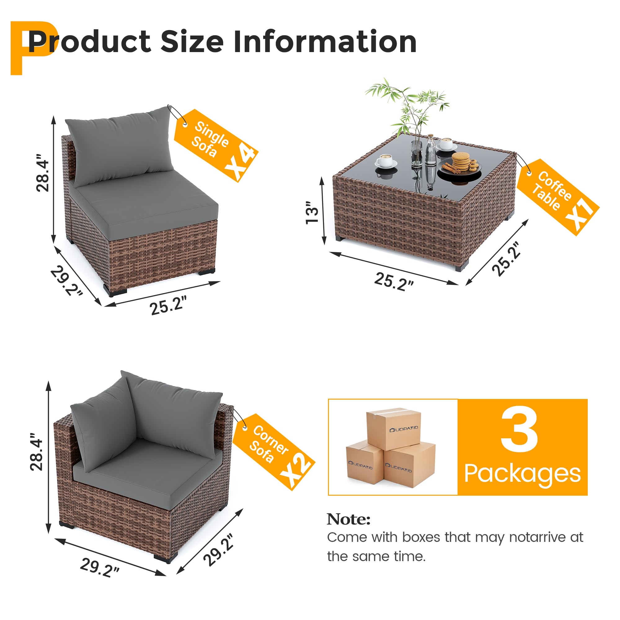 UDPATIO Furniture Set, 7 Piece Sectional Sofas with Wicker Coffee Table, Conversation for Garden, Backyard, Dark Grey