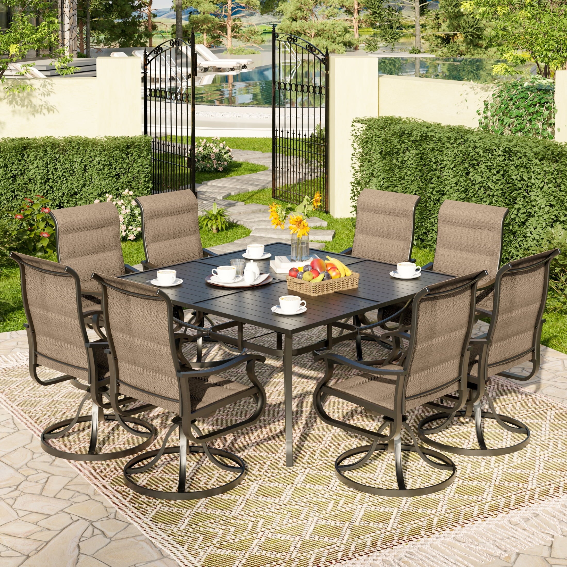 UDPATIO 9-Piece Outdoor Dining Set with High-Back Swivel Padded Chairs & Iron Square Table for 8-Person, Black & Khaki