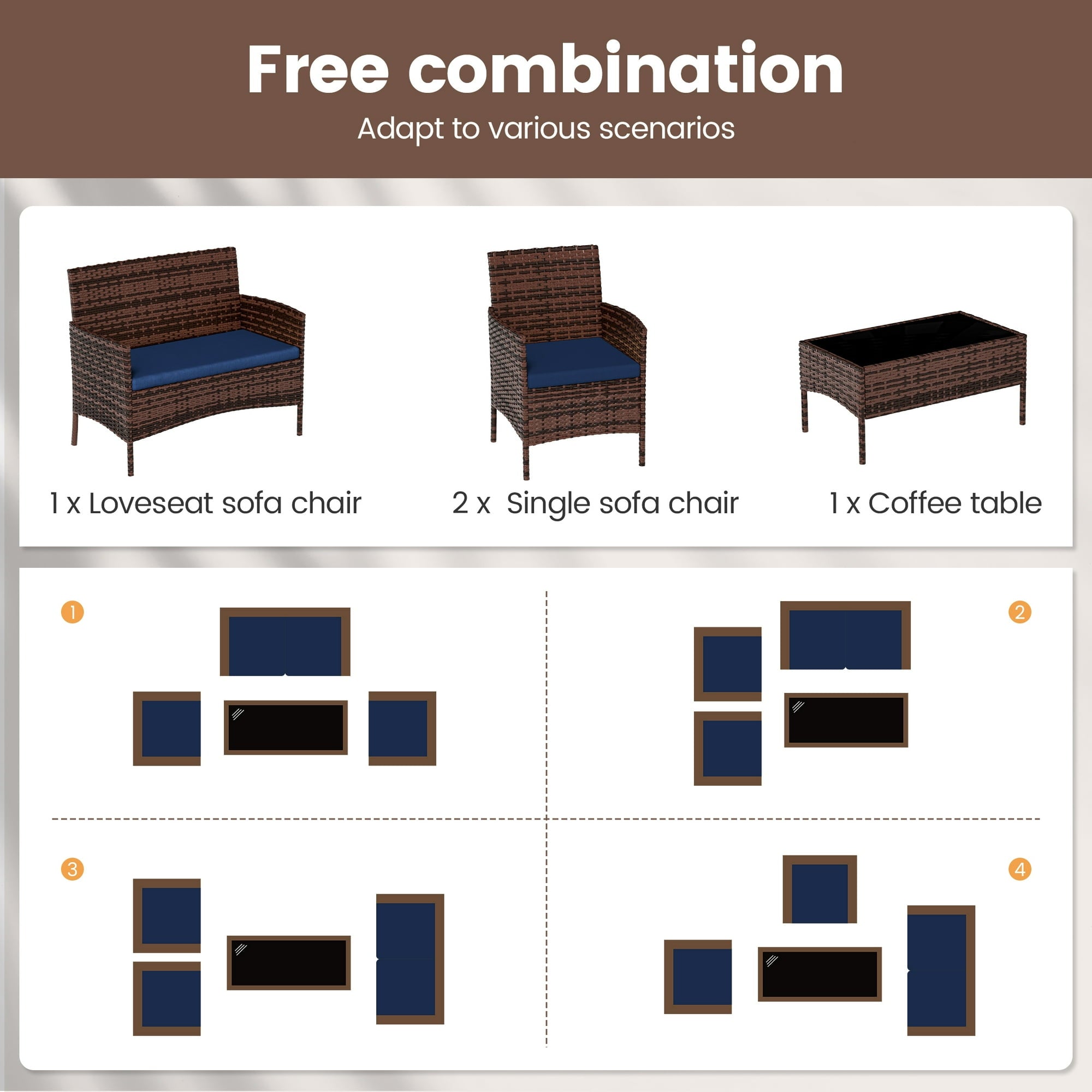 UDPATIO 4 Pieces Outdoor Patio Furniture,Sectional Conversation Sets,Brown PE Rattan Patio Chairs with Table and Loveseat for Balcony, Porch, Backyard,(Navy Blue Cushion)