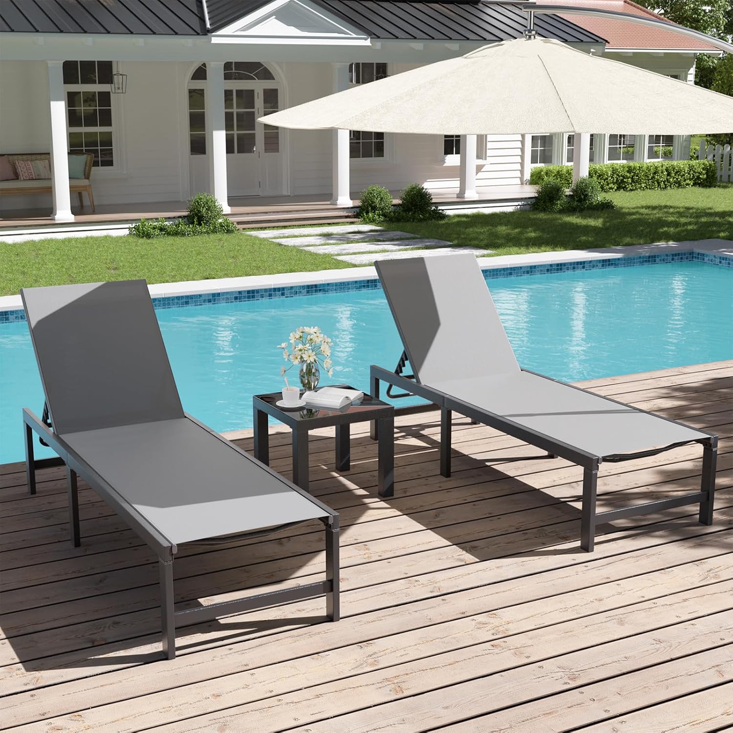 UDPATIO Lounge Chair Outdoor 3 Pieces Pool Chaise Lounge, Adjustable Lounge Poolside Lay Flat Sunbathing Backrest with Table for Patio, Beach, Yard, Pool (Grey)