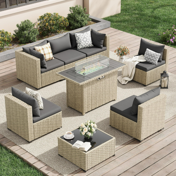 UDPATIO 7 Pieces Outdoor Patio Furniture Set with 44" Fire Pit Table, Outdoor Wicker Patio Conversation Set with Cushions for Backyard, Porch, Garden(Dark Gray)