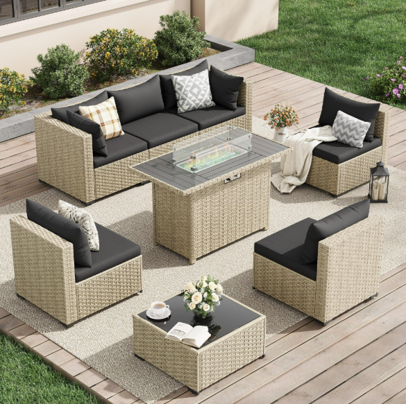 UDPATIO 7 Pieces Outdoor Patio Furniture Set with 44" Fire Pit Table, Outdoor Wicker Patio Conversation Set with Cushions for Backyard, Porch, Garden(Black)