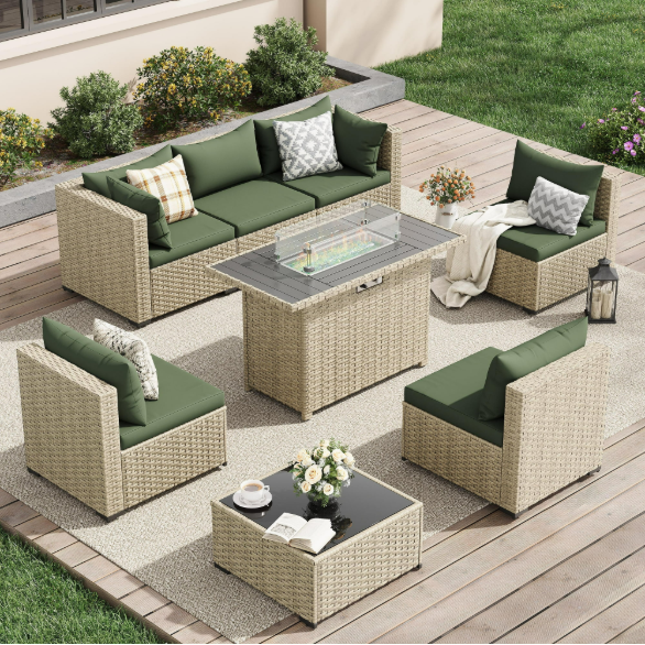UDPATIO 7 Pieces Outdoor Patio Furniture Set with 44" Fire Pit Table, Outdoor Wicker Patio Conversation Set with Cushions for Backyard, Porch, Garden(Green)