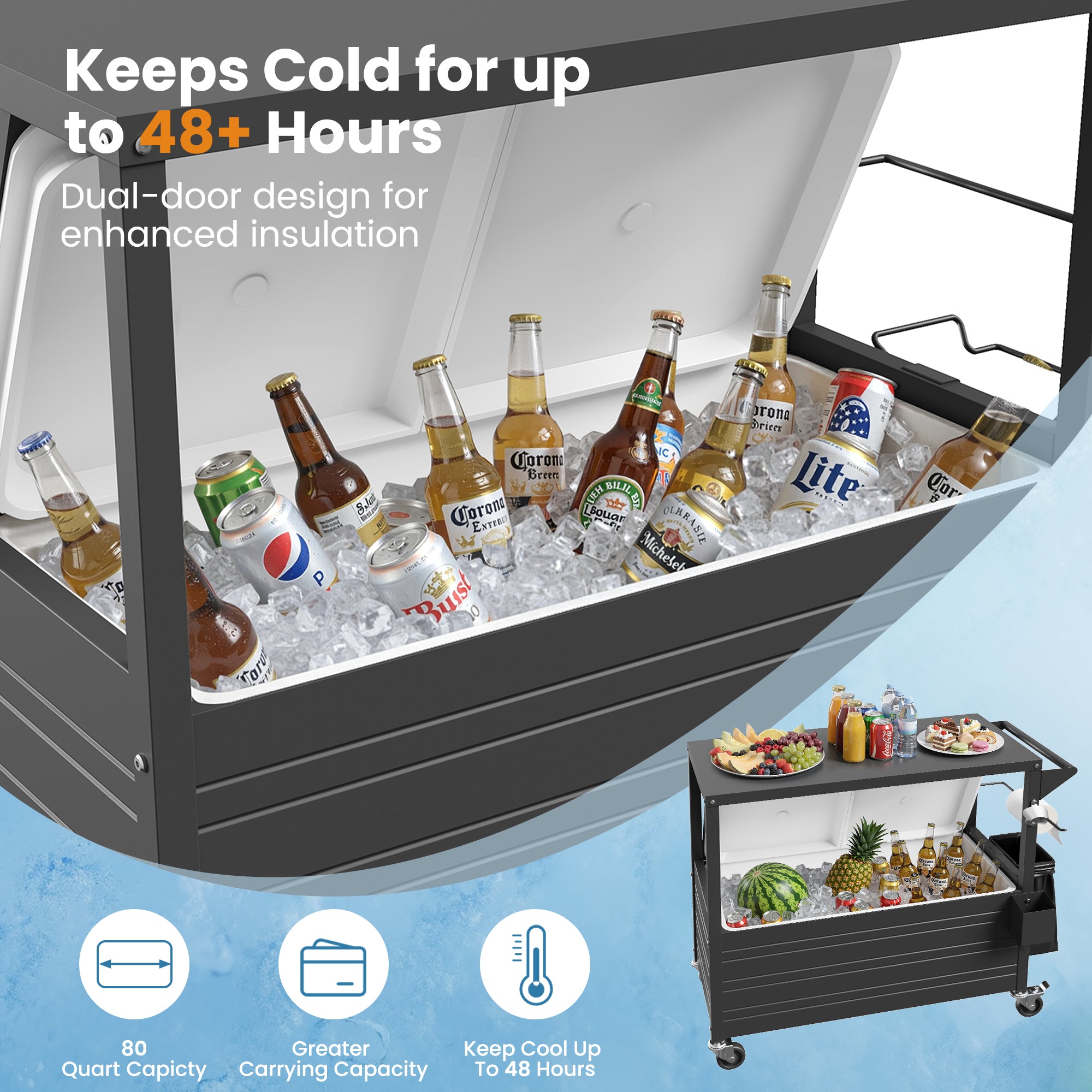 80 Quart Rolling Ice Chest with Top Table Patio Cooler Cart with 4 Wheels, Portable Outdoor Beverage Cooler with Drain Plug Weather Resistant for BBQ Party Pool Deck, Indoor & Outdoor Use