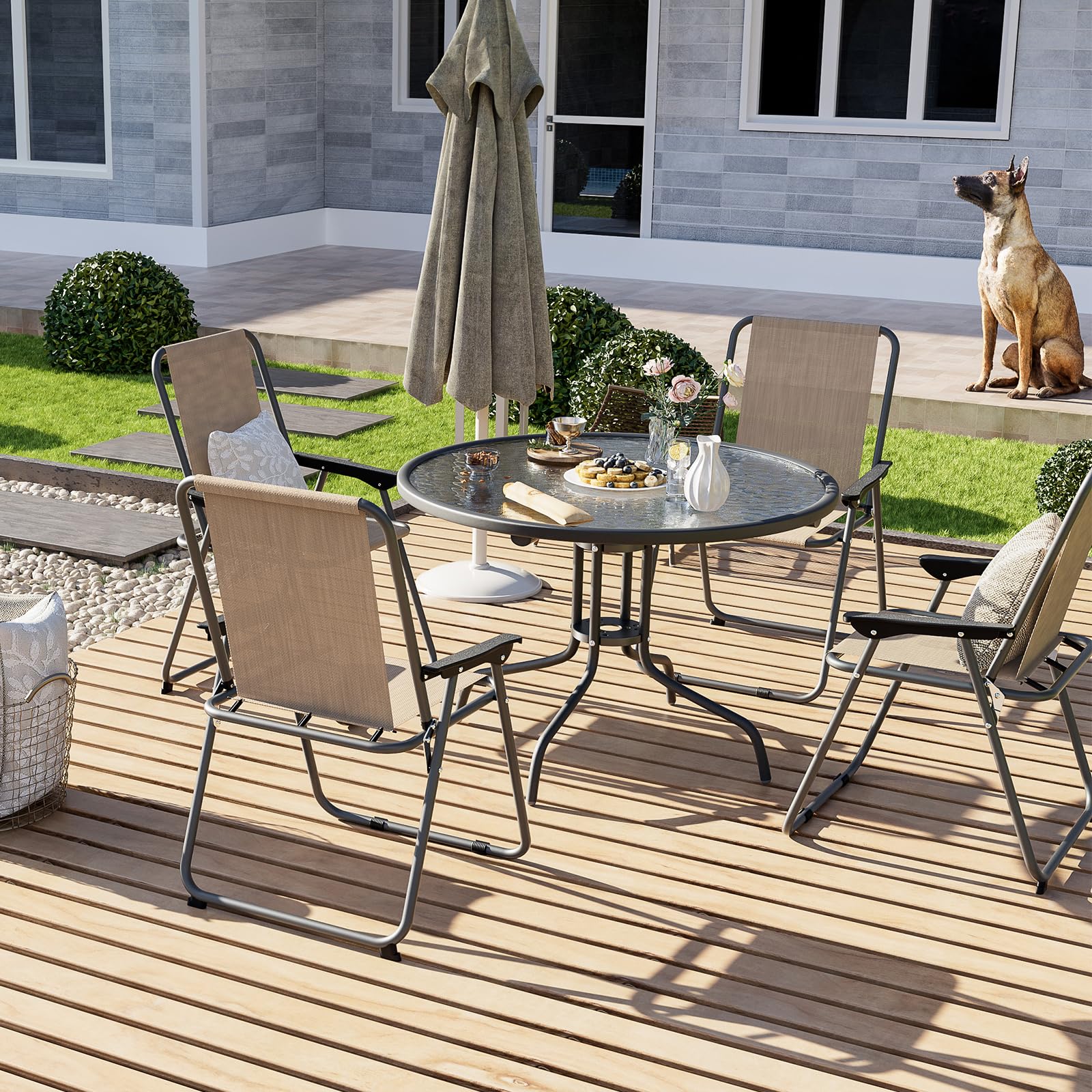 UDPATIO Folding Patio Chairs Set, Patio Dining Chairs Set of 4 and 31.5" Round Tempered Glass Metal Table with 1.57" Umbrella Hole, Brown