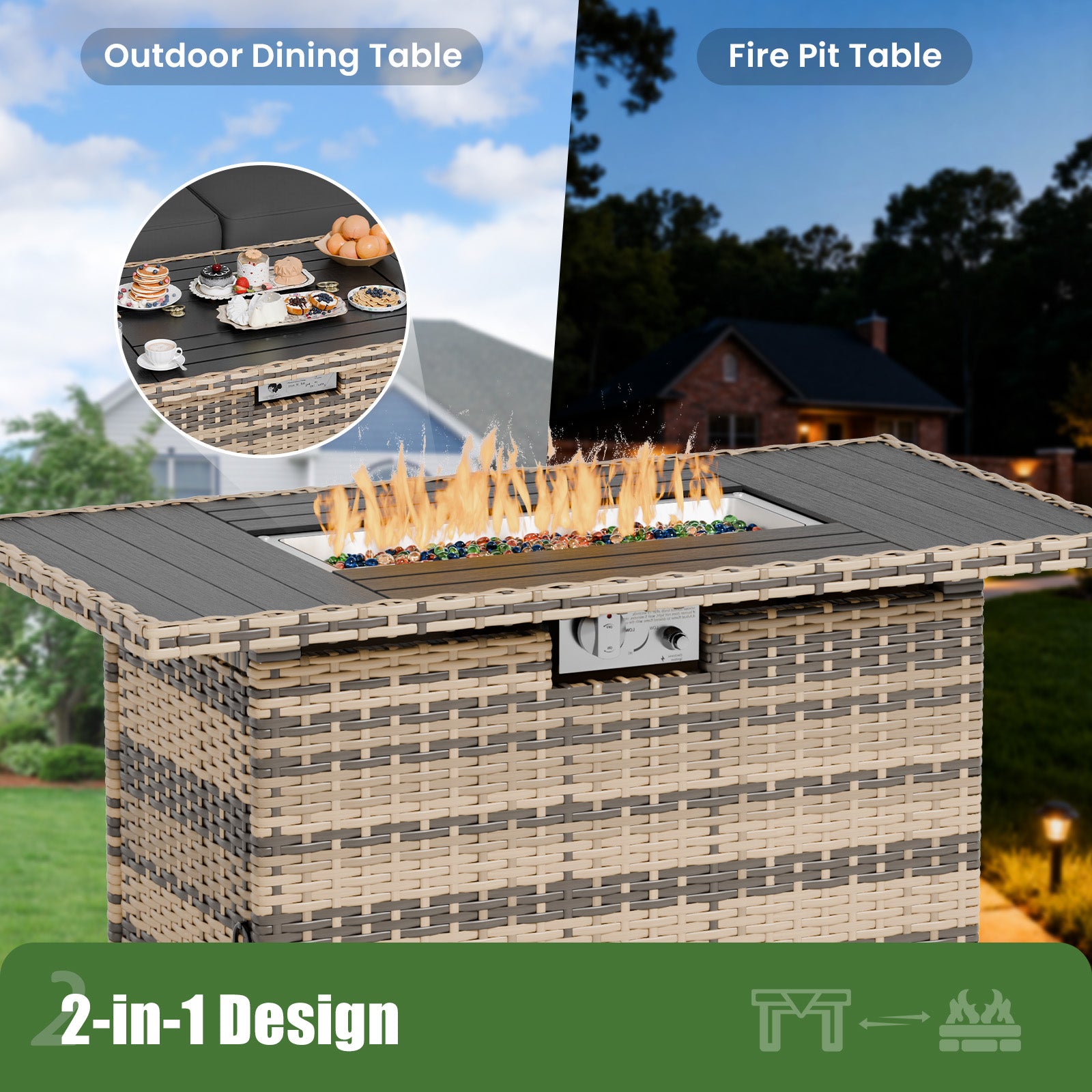 UDPATIO Patio Furniture Set with Fire Pit Table, 8 Inch Armrest Outdoor Sectional Sofas, 6 Piece All-Weather Wicker Conversation for Garden, Backyard