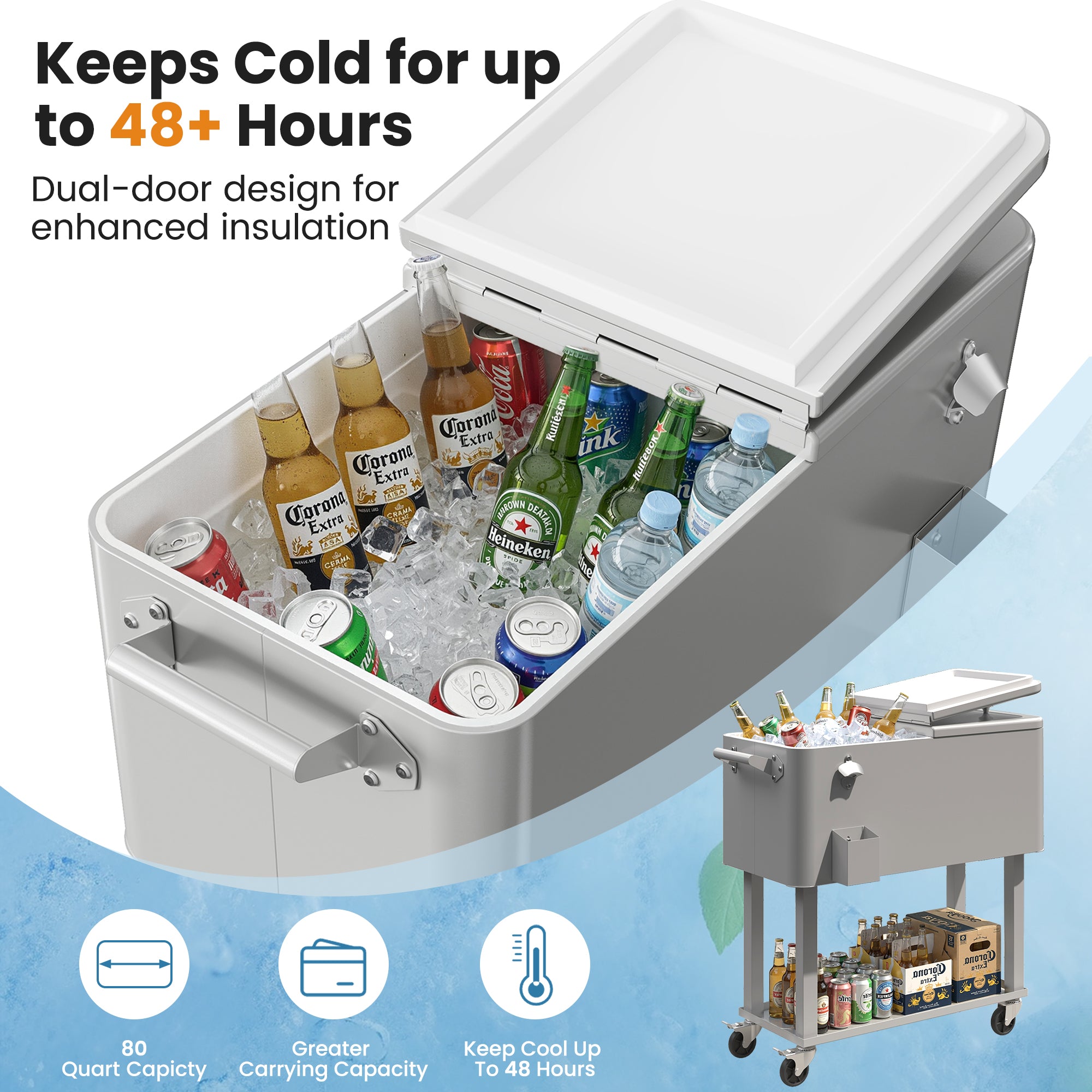 Patio Cooler Cart 80 Quart Outdoor Rolling Ice Chest Portable Beverage Bar with Bottom Storage Tray and Bottle Opener for Party BBQ Beach Activities