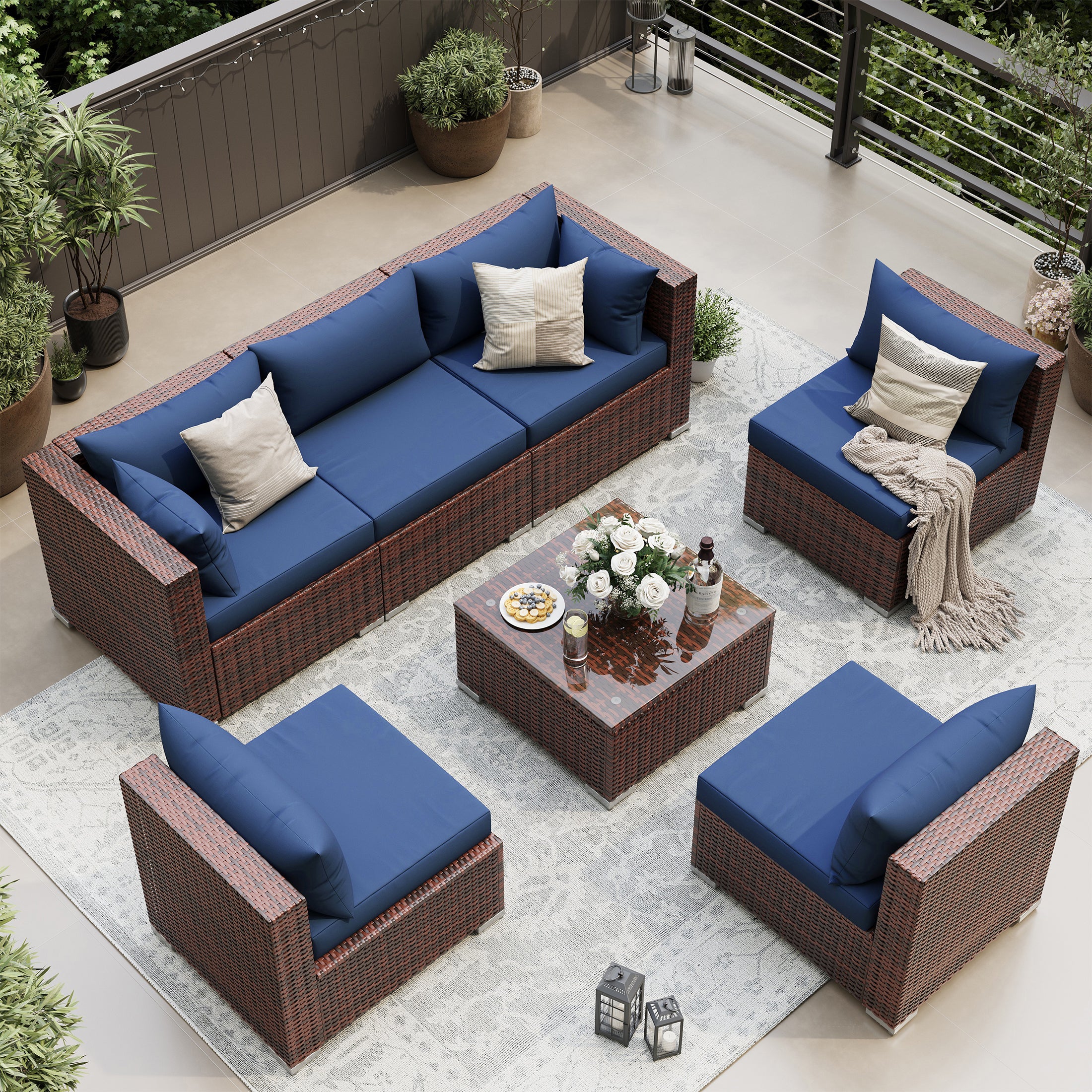 UDPATIO 7-Piece Wicker Modular Sectional Outdoor Conversation Sets with Glass Coffee Table, Blue
