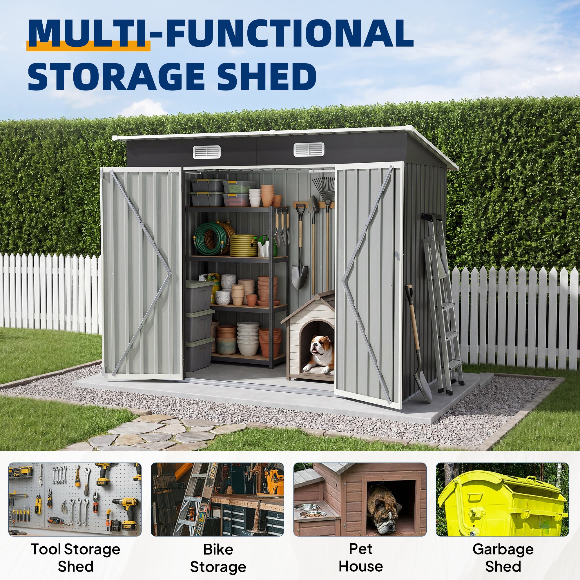 UDPATIO Storage Shed with Floor, 8X4 FT Metal Sheds & Outdoor Storage with Sloping Roof & Lockable Door for Bicycle, Tool in Patio Lawn, Garden, Backyard, Grey