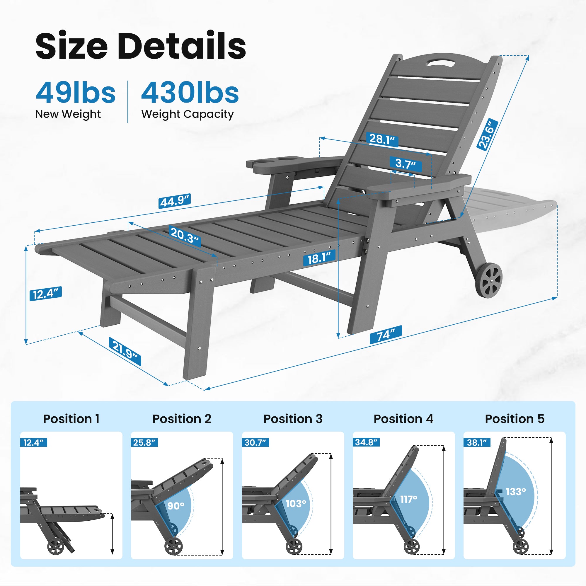 UDPATIO Outdoor Chaise Lounge Chair, HDPE Patio Lounge Chairs for Outside with Wheels & Cup Holder, Reclining Seating with 5 Position for Poolside Deck Garden,Grey,1PC