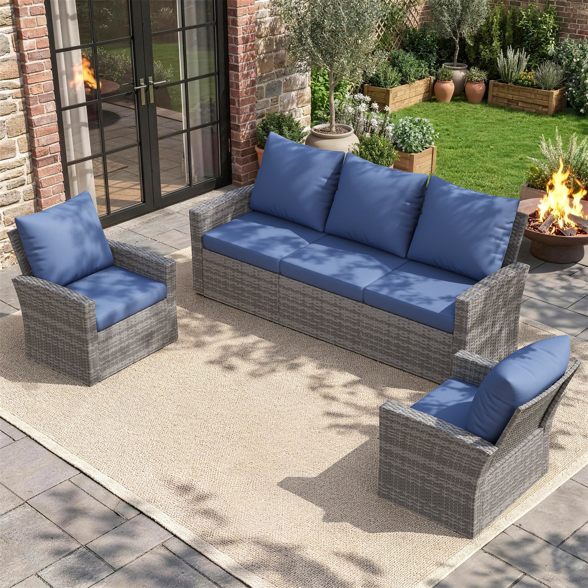UDPATIO Outdoor Sectional Conversation Sets,Gray Wicker Patio Furniture Set,3-piece outdoor sofa set for Balcony, Porch, Backyard, Navy