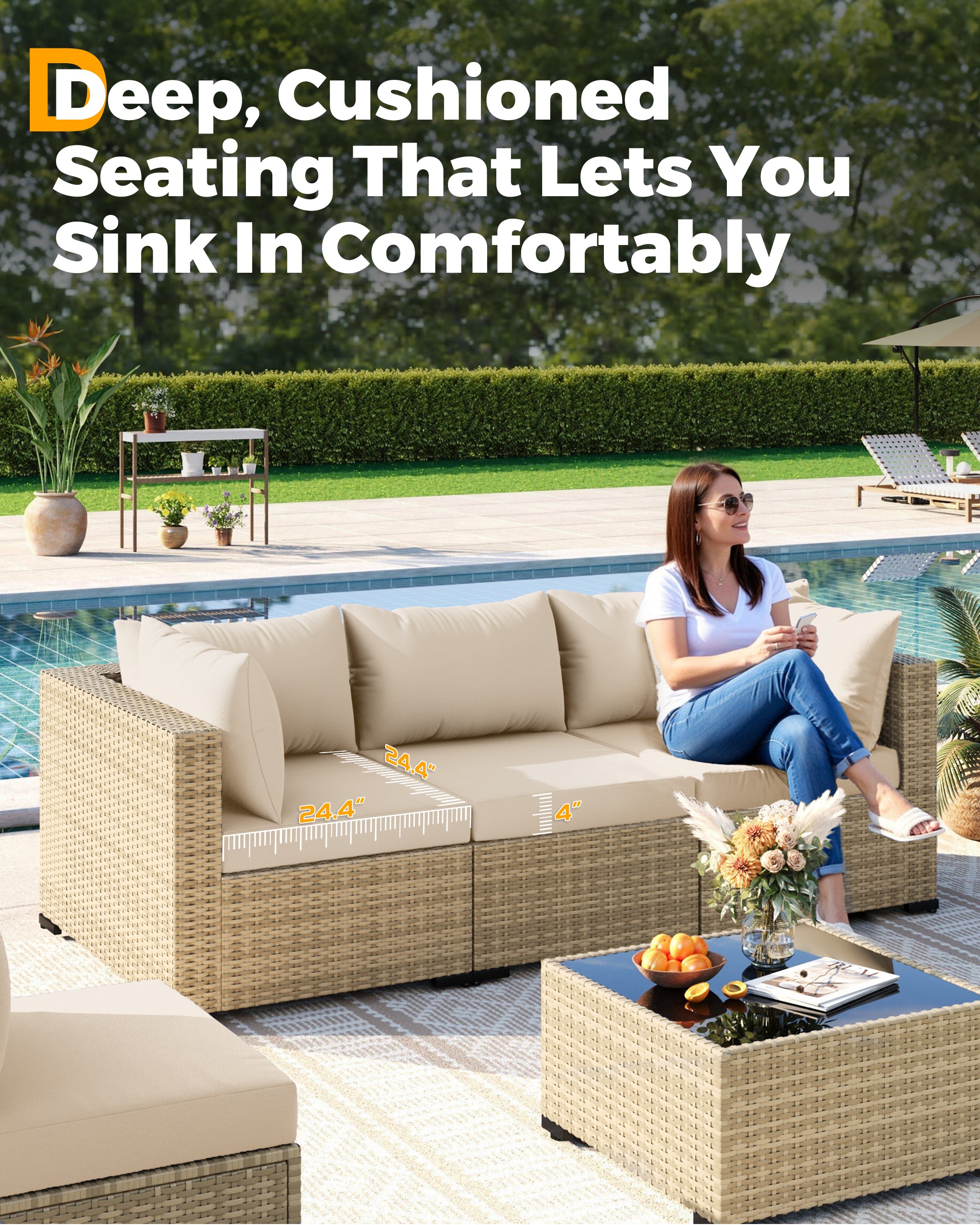 UDPATIO Furniture Set with Fire Pit Table, 8 Piece Sectional Sofas, All-Weather Wicker Conversation for Garden, Backyard, Beige