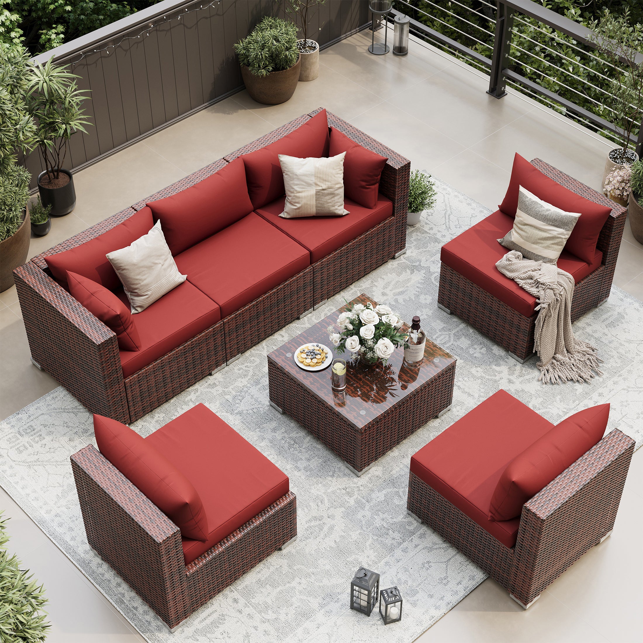 UDPATIO 7-Piece Wicker Outdoor Conversation Set with Coffee Table and Sofa, Red