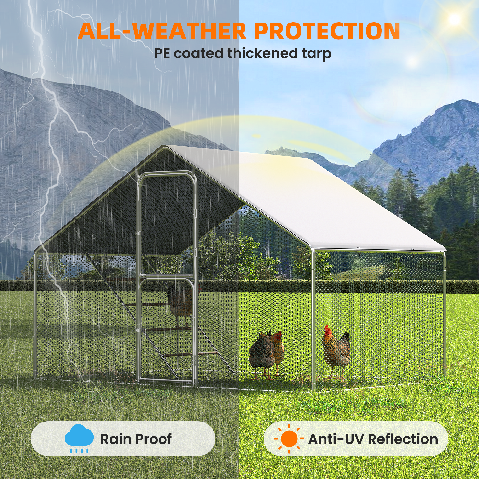 UPDATIO Large Metal Chicken Coop Walk In with Roosting Perch — Heavy-Duty Outdoor Poultry Pen with Protective Cover, Predator-Proof & Weather-Resistant for 10-15 Chickens,6*10*6 FT