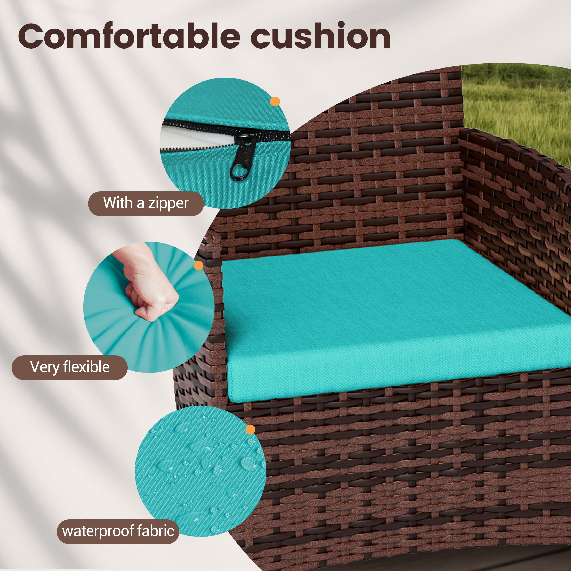 UDPATIO 4 Pieces Outdoor Patio Furniture,Sectional Conversation Sets,Brown PE Rattan Patio Chairs with Table and Loveseat for Balcony, Porch, Backyard,(Turquoise Cushion)