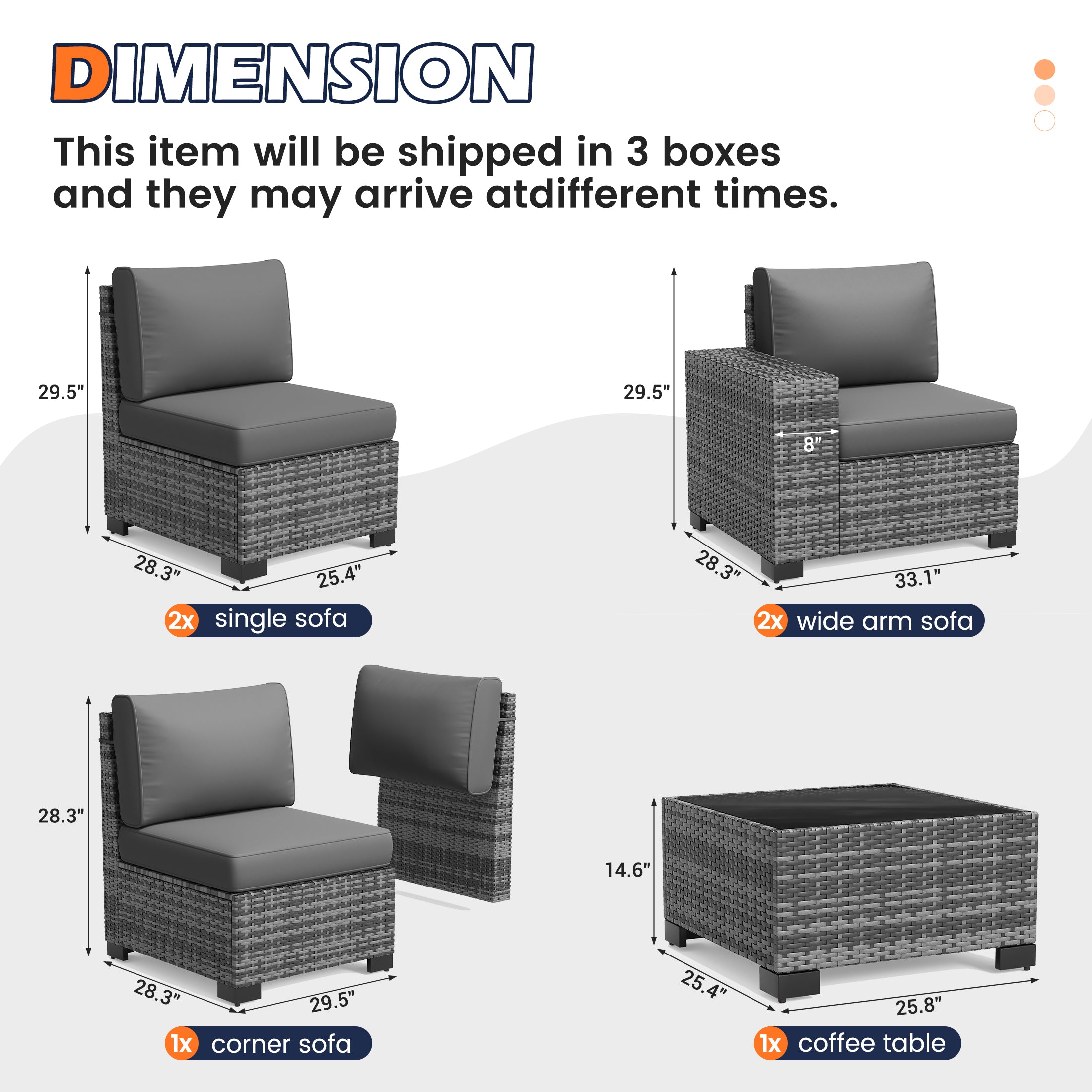 UDPATIO 6-Piece Patio Furniture Set, Outdoor Patio Sofa Set With Wide Armrest, All-Weather Wicker Rattan Guest Set With Cushion And Glass Table And Waterproof Cover, Grey & Dark Grey