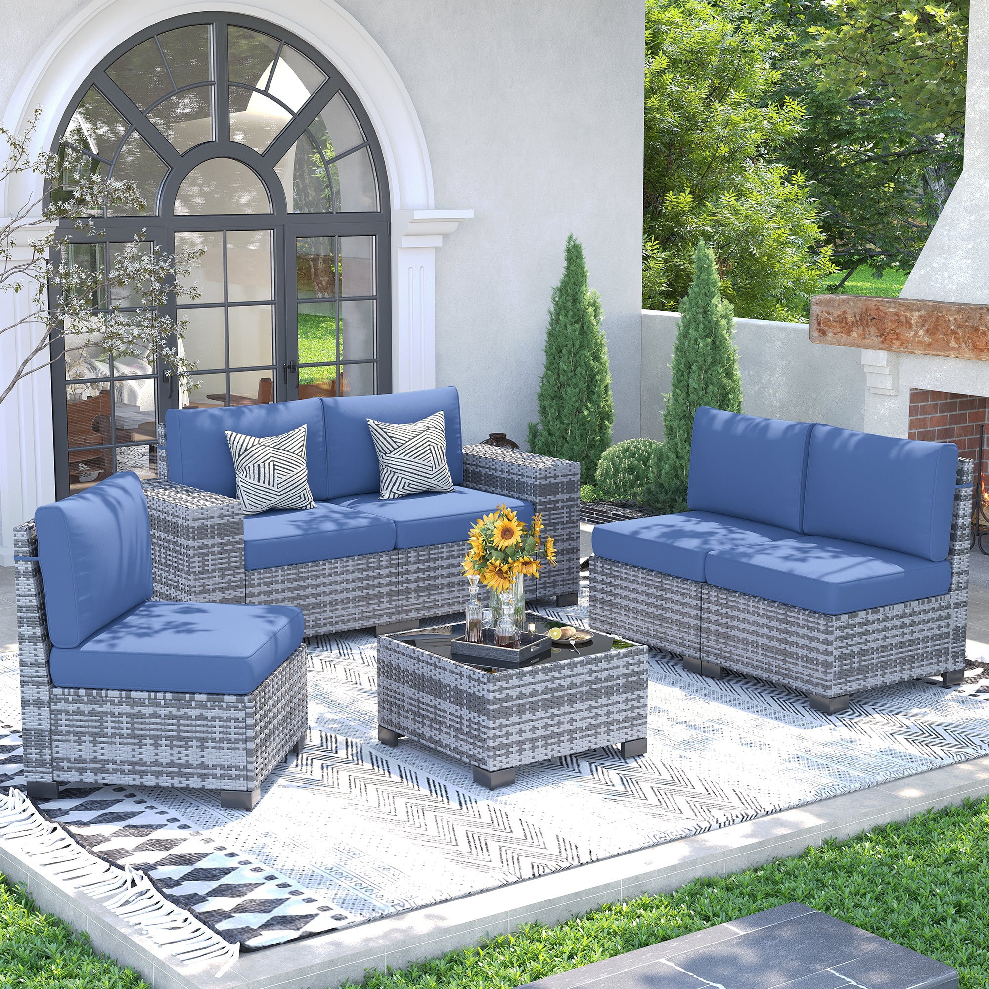 UDPATIO Patio Furniture Set, 8'' Wide Armrest Modular Rattan Outdoor Sectional Sofa Set, 6 Pieces Wicker Patio Conversation Sets for Backyard,Deck w/ 4'' Cushions,Cover,Coffee Table