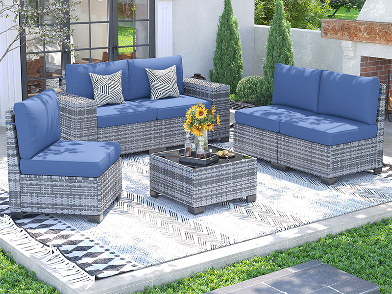 UDPATIO Patio Furniture Set, 8'' Wide Armrest Modular Rattan Outdoor Sectional Sofa Set, 6 Pieces Wicker Patio Conversation Sets for Backyard,Deck w/ 4'' Cushions,Cover,Coffee Table