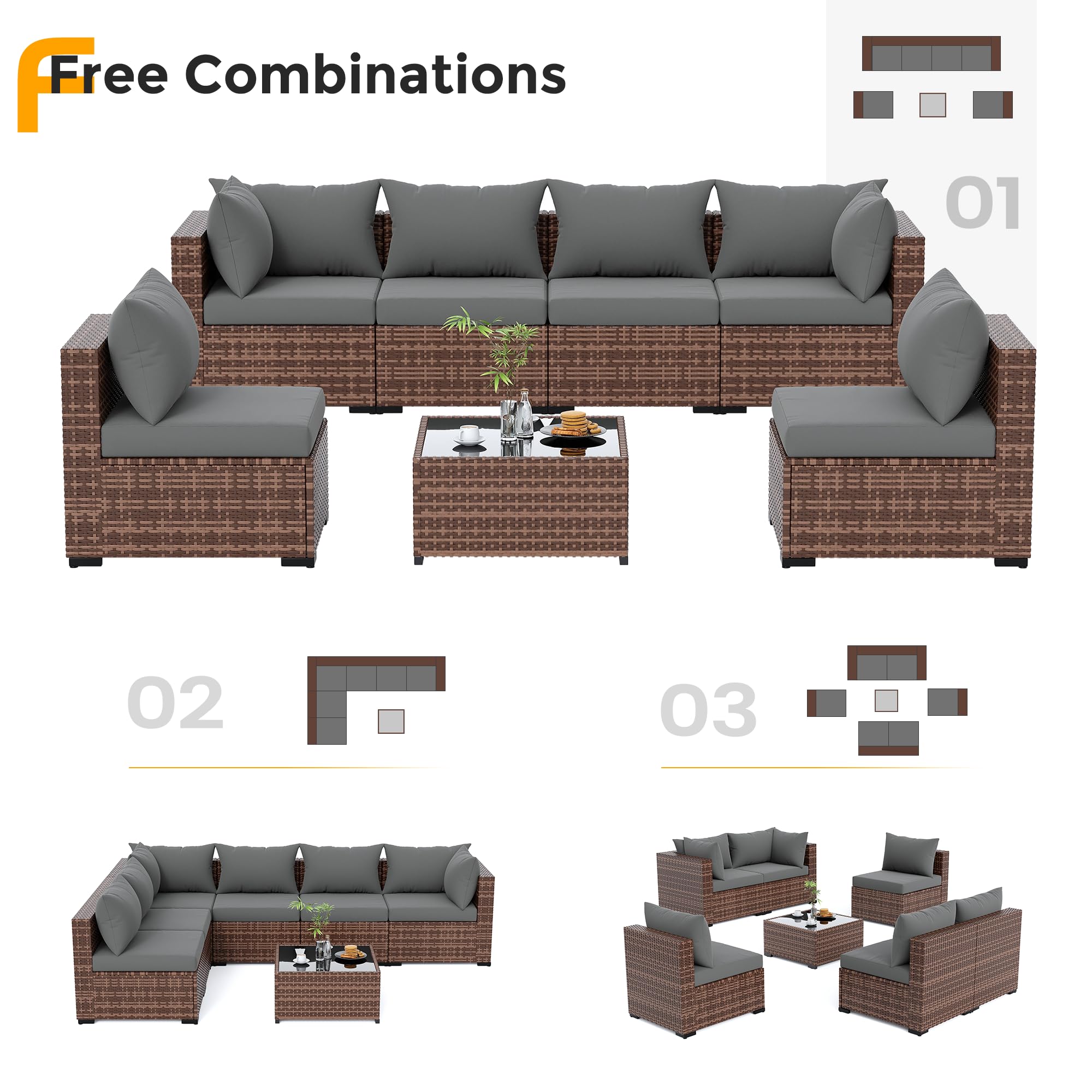 UDPATIO Furniture Set, 7 Piece Sectional Sofas with Wicker Coffee Table, Conversation for Garden, Backyard, Dark Grey