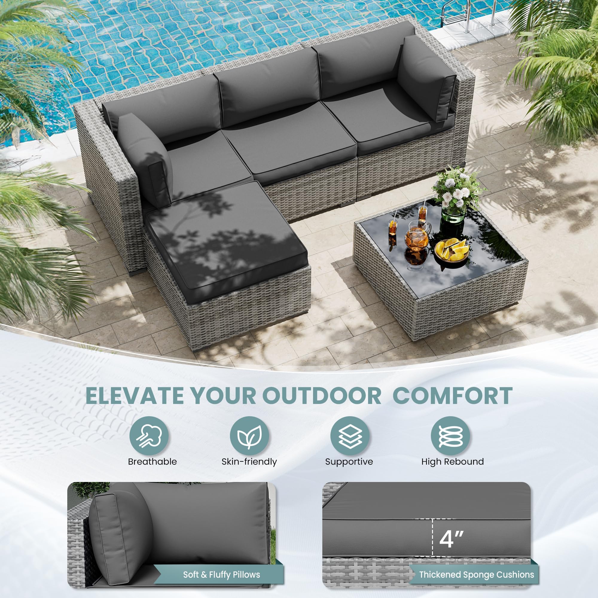 UDPATIO Outdoor Cushions for Patio Furniture Upgraded, Waterproof Patio Furniture Cushions Replacement, 4" Deep Seat Outdoor Sectional Cushion for 4-seat Chair Sofa Couch, Grey