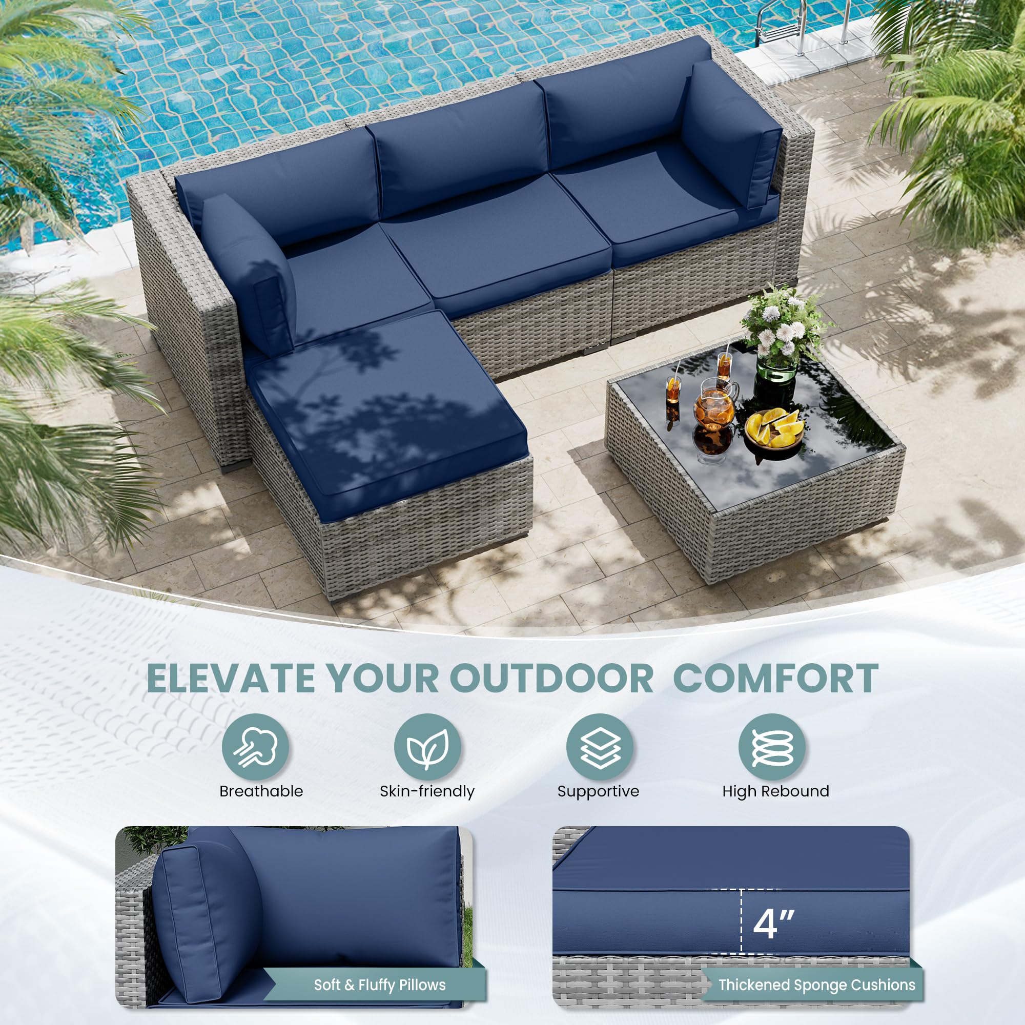 UDPATIO Outdoor Cushions for Patio Furniture with 5 Pillows, Waterproof Patio Furniture Cushions Replacement, 4" Deep Seat Outdoor Sectional Cushion for 4-seat Chair Sofa Couch, Navy