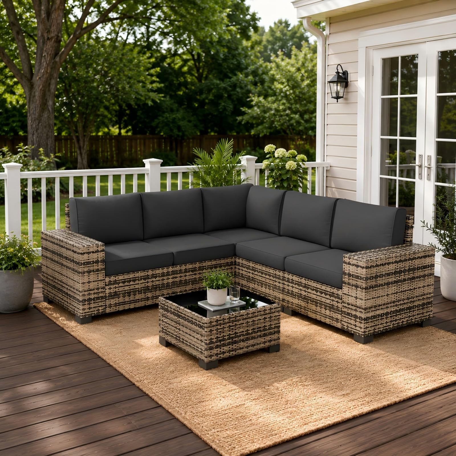 UDPATIO Patio Furniture Set, 8 Inch Armrest Outdoor Sectional Sofa with Wicker Coffee Table, 6 Piece Conversation for Garden, Backyard(Yellow/Grey)