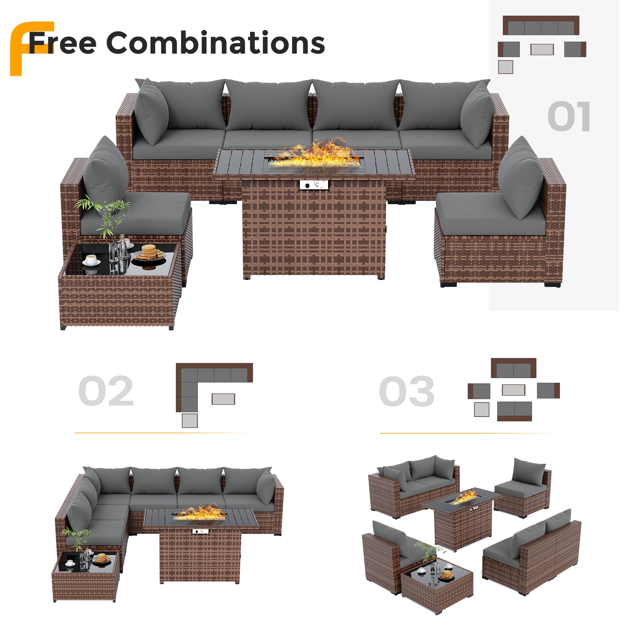 UDPATIO Furniture Set with Fire Pit Table, 8 Piece Sectional Sofas, All-Weather Wicker Conversation for Garden, Backyard, Dark Grey