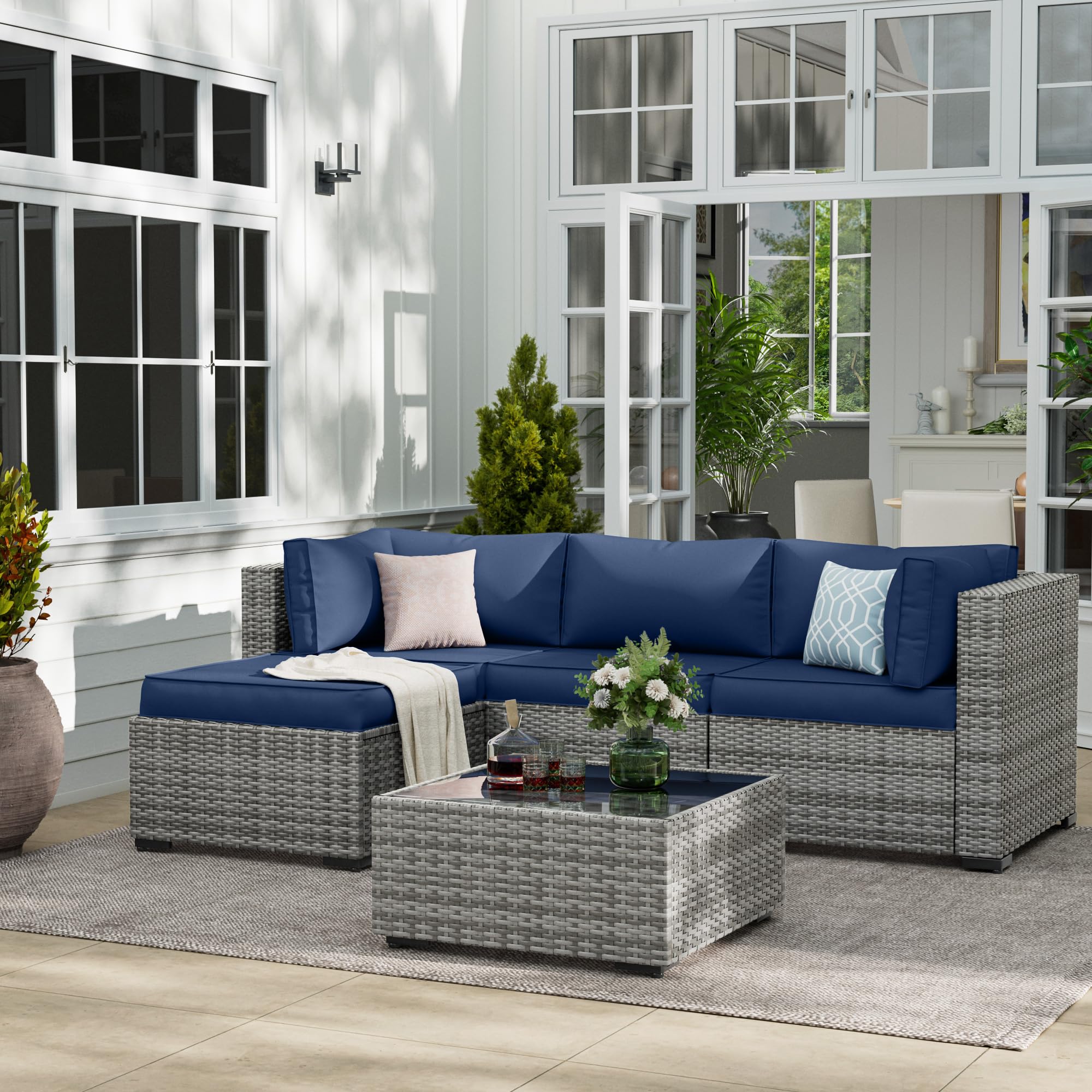 UDPATIO Outdoor Cushions for Patio Furniture with 5 Pillows, Waterproof Patio Furniture Cushions Replacement, 4" Deep Seat Outdoor Sectional Cushion for 4-seat Chair Sofa Couch, Navy