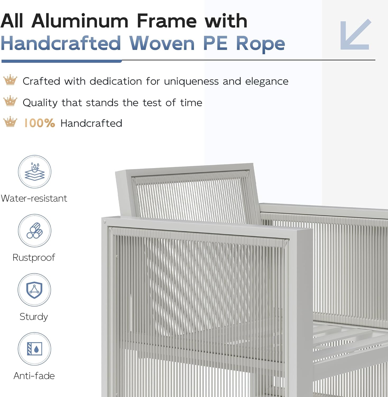 UDPATIO Aluminum Outdoor Patio Furniture Set with Coffee Table, 4 Piece Modern Patio Furniture Set, Patio Conversation Sets with Thickend Cushions and PE Rope, for Porch, Balcony, Light Grey/Beige