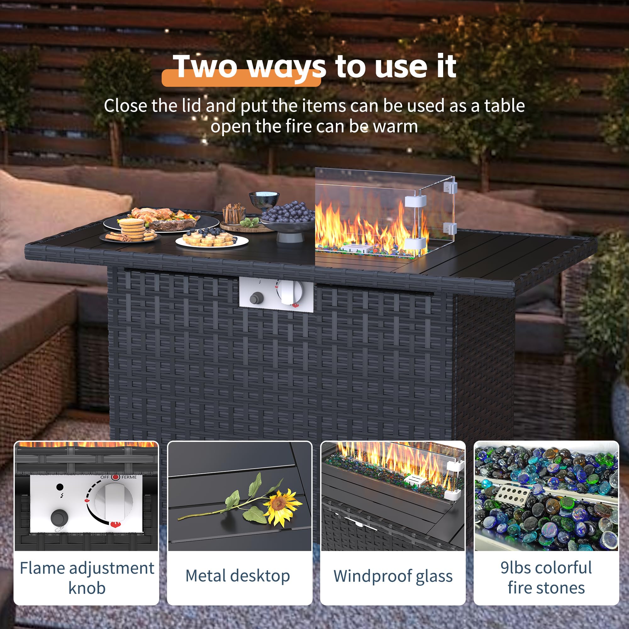 UDPATIO Patio Furniture Set with Fire Pit Table, Outdoor Wicker Conversation Set with 8'' Wide Armrests, Patio Sectional Sofa Set for Backyard, Deck, Black Cushions
