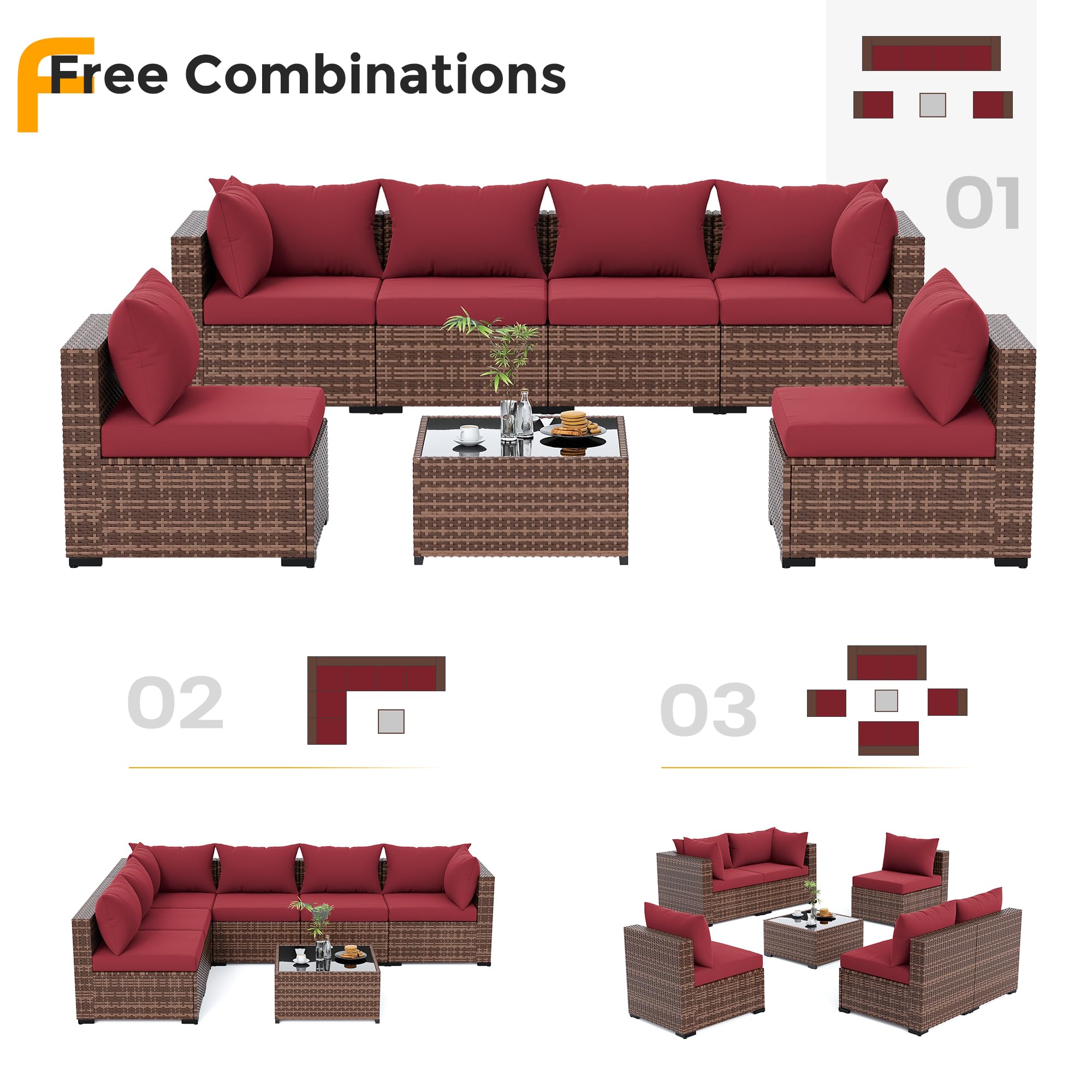 UDPATIO Patio Furniture Set, 7 Piece Outdoor Sectional Sofas with Wicker Coffee Table, Outdoor Patio Conversation Set for Garden, Backyard Wine