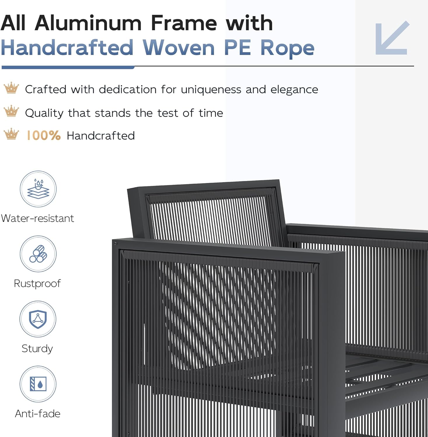 UDPATIO Aluminum Outdoor Patio Furniture Set with Coffee Table and Ottoman, 6 Piece Modern Patio Furniture Set, PE Rope Patio Conversation Sets with Thickend Cushions, for Porch, Balcony, Dark Grey