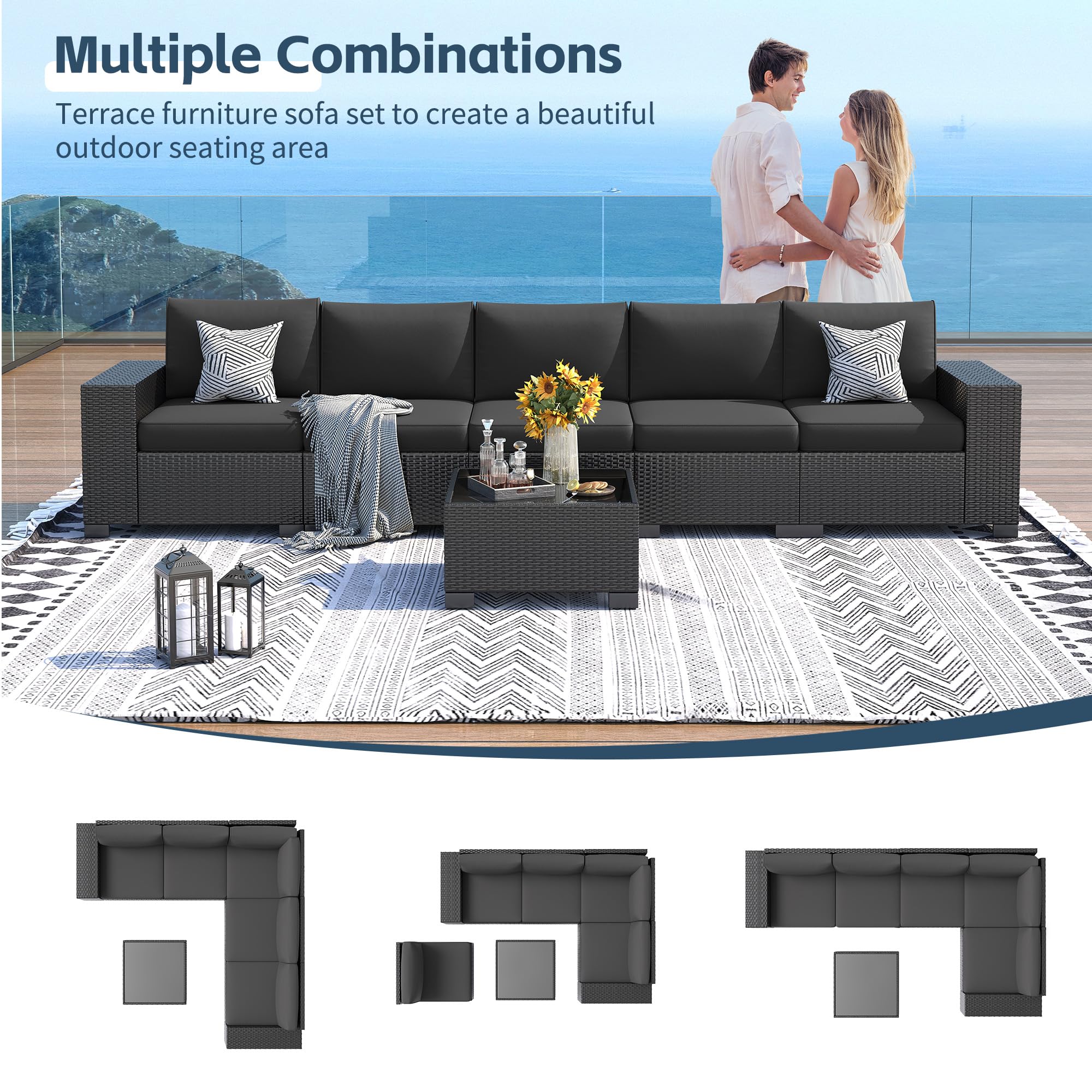 UDPATIO 6 Piece Patio Furniture Set, Outdoor Wicker Sectional Sofa with 8'' Wide Armrests, Modular Patio Conversation Set with Coffee Table for Backyard, Deck, Garden