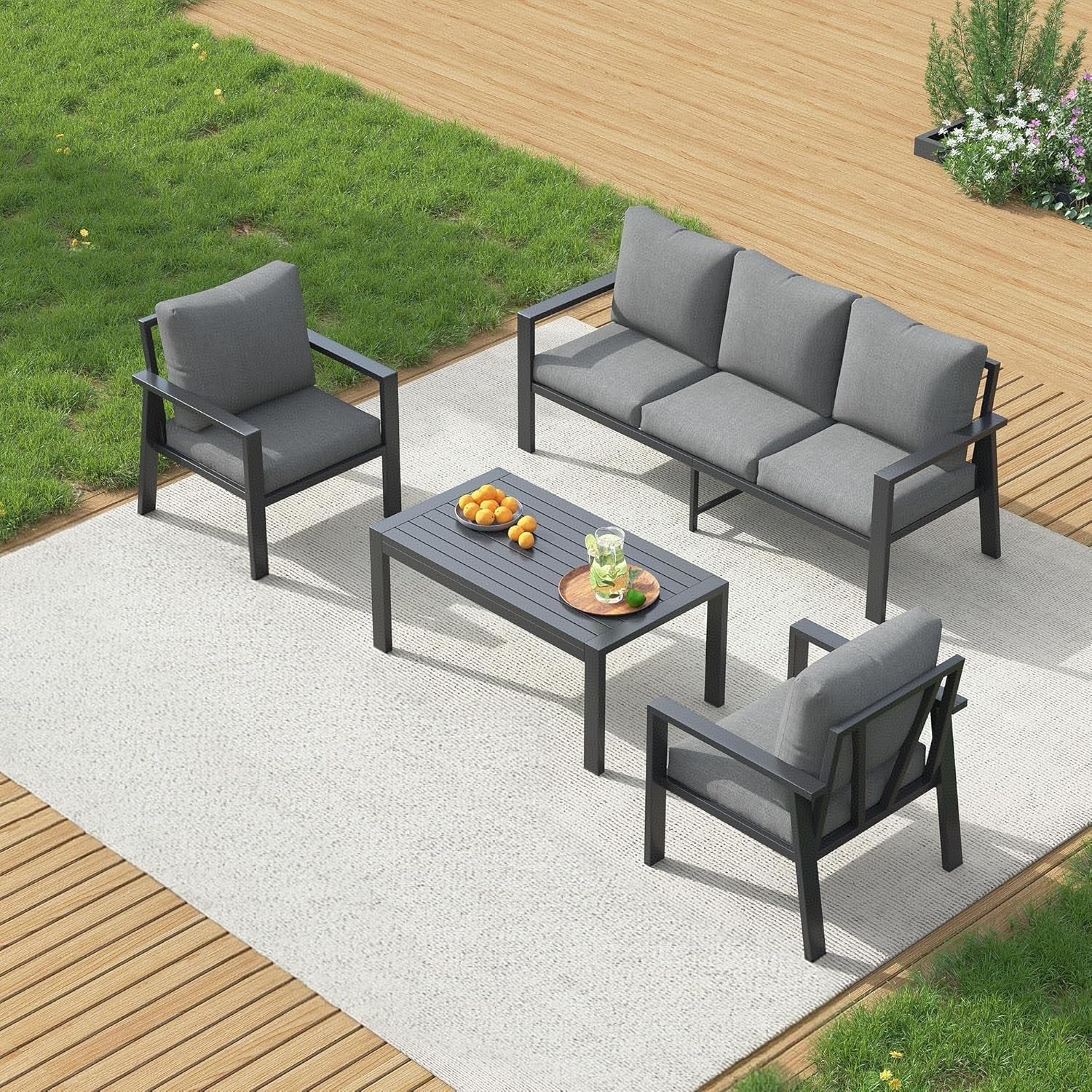 Aluminum Patio Furniture Set, 4 Pieces Sectional Metal Conversation Sofa Modern Seating Set with Coffee Table for Outdoor Garden Backyard, Dark Grey