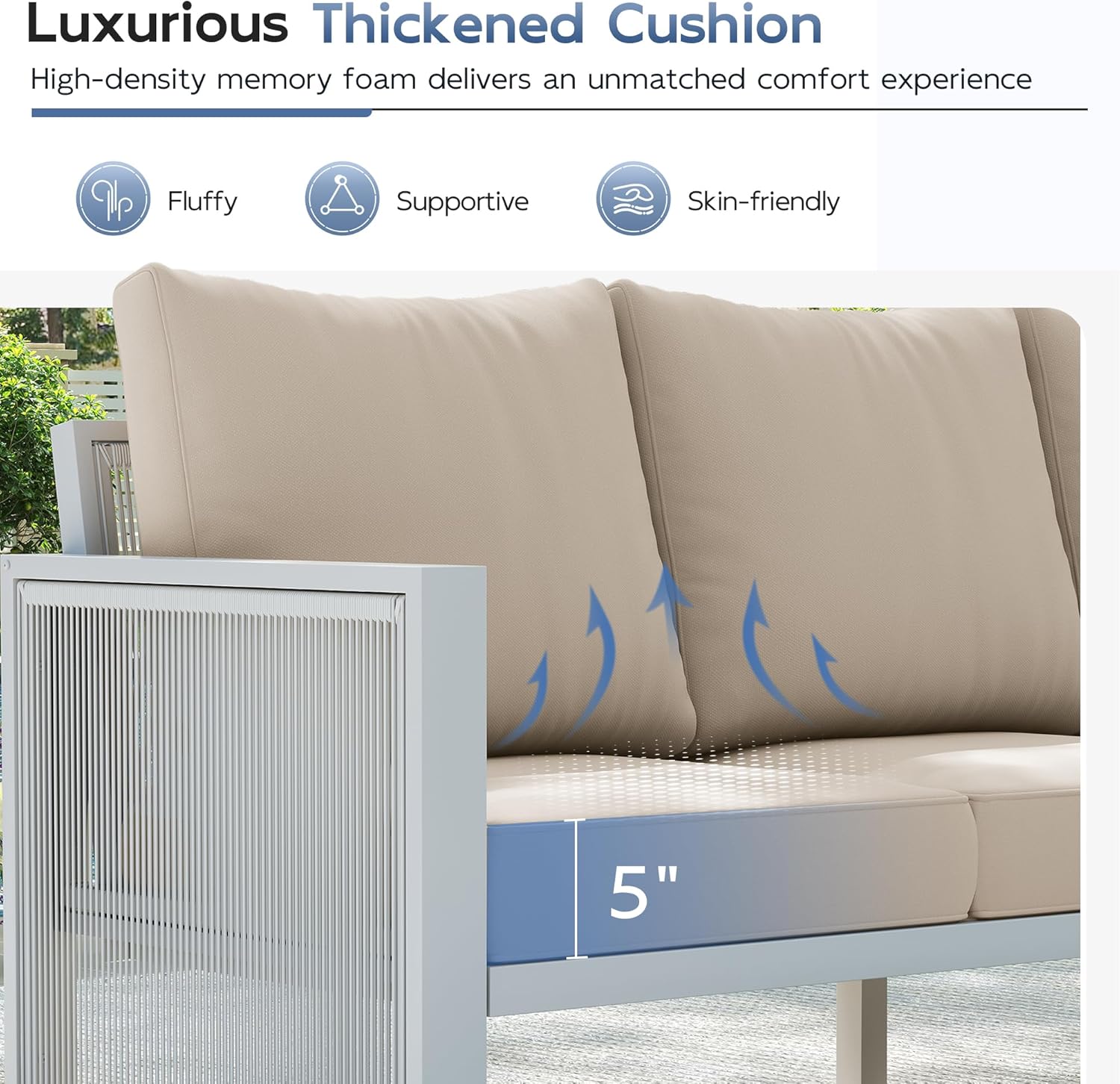 UDPATIO Aluminum Outdoor Patio Furniture Set with Ottoman, 5 Piece Modern Patio Furniture Set, PE Rope Patio Conversation Sets with Thickend Cushions, for Garden, Porch, Balcony, Light Grey/Beige