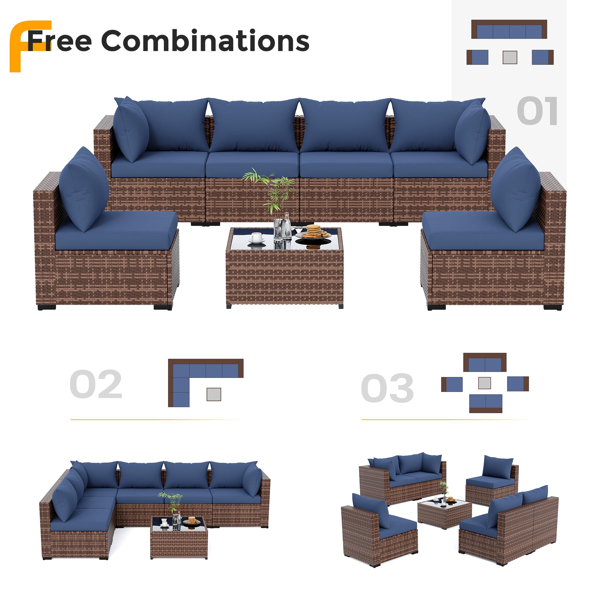 UDPATIO Outdoor Furniture 7-Piece Wicker Patio Set, Non-Slip Cushion