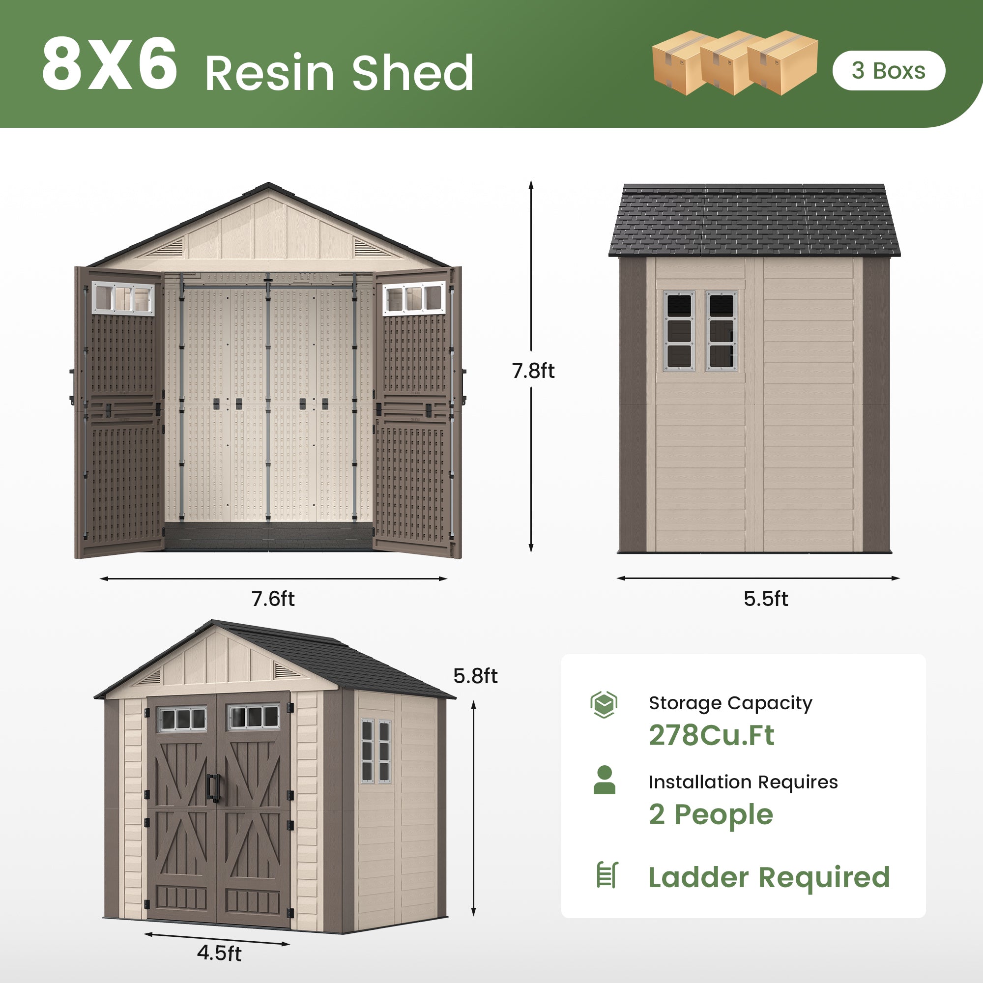 UDPATIO Outdoor Storage Shed 8x6 FT,Resin Shed with Floor,Large Garden Shed